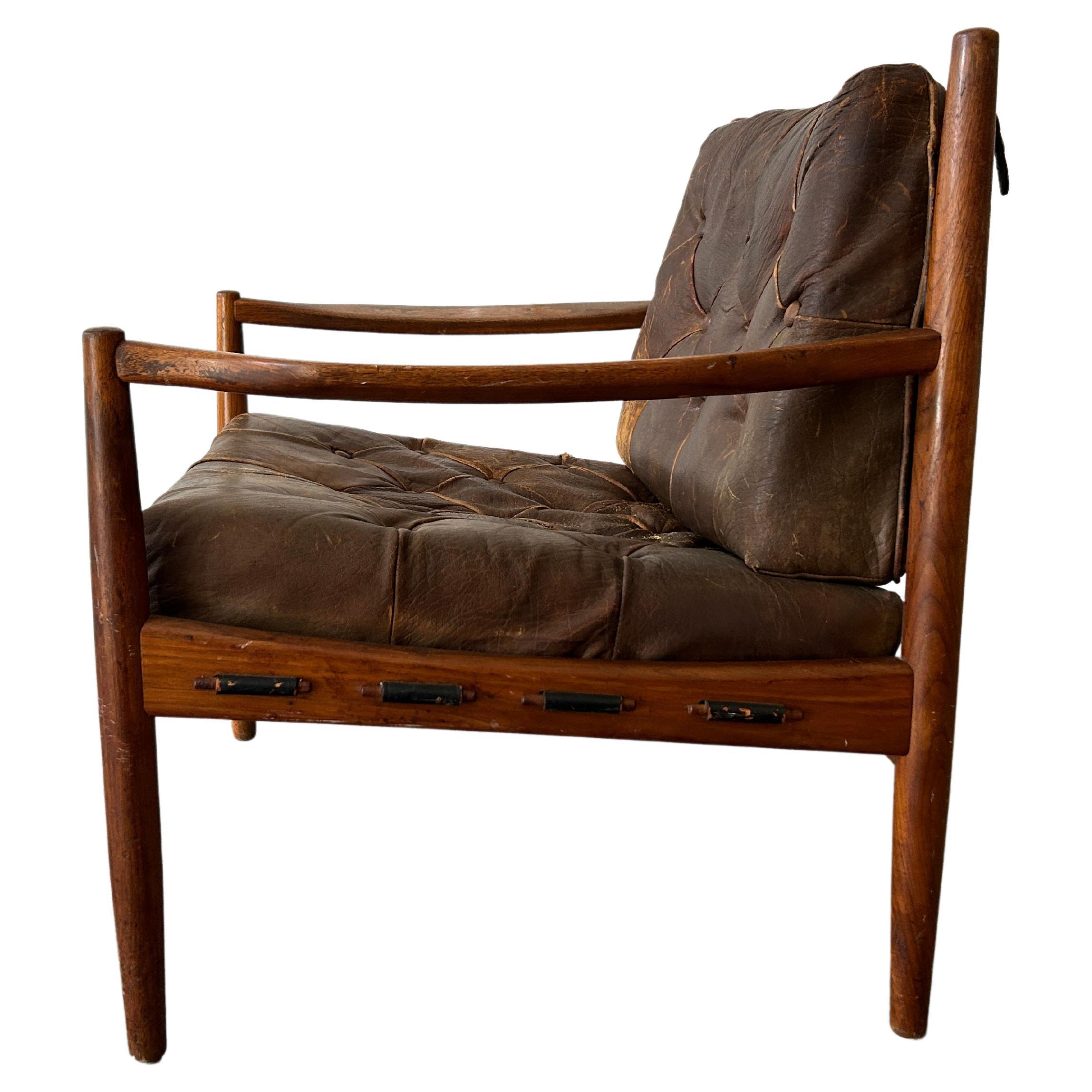 Midcentury Scandinavian Modern Brown Leather Lounge Chair by Ingemar Thillmark For Sale