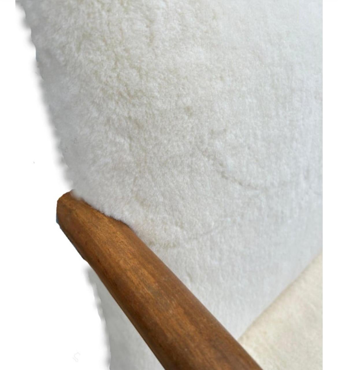 Woodwork Mid Century Scandinavian Modern Curved Armchair with White Sherpa