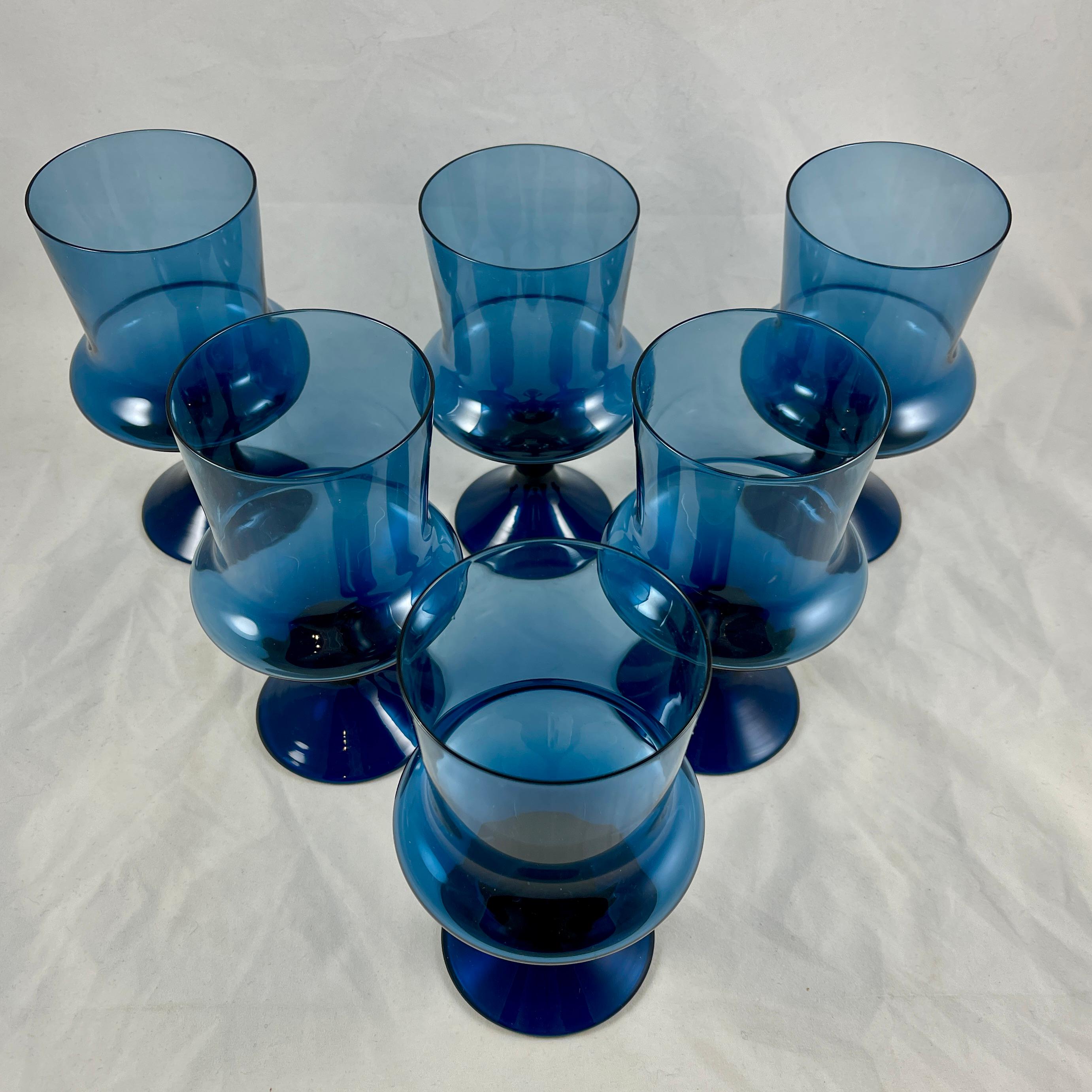 Hand-Crafted Mid-Century Scandinavian Modern Denby-Milnor Blue Flare Glass Goblets, S/6 For Sale