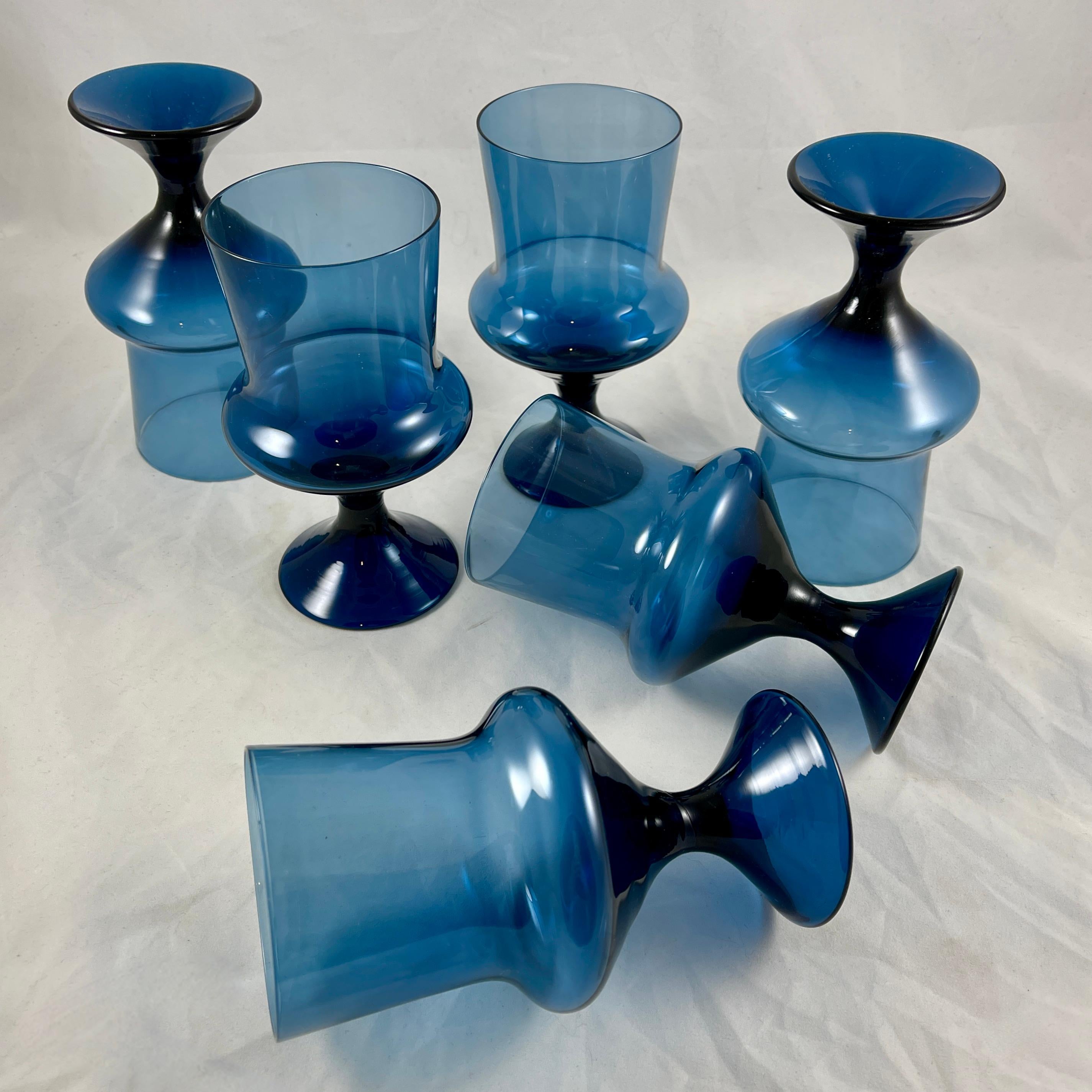 Mid-Century Scandinavian Modern Denby-Milnor Blue Flare Glass Goblets, S/6 In Good Condition For Sale In Philadelphia, PA