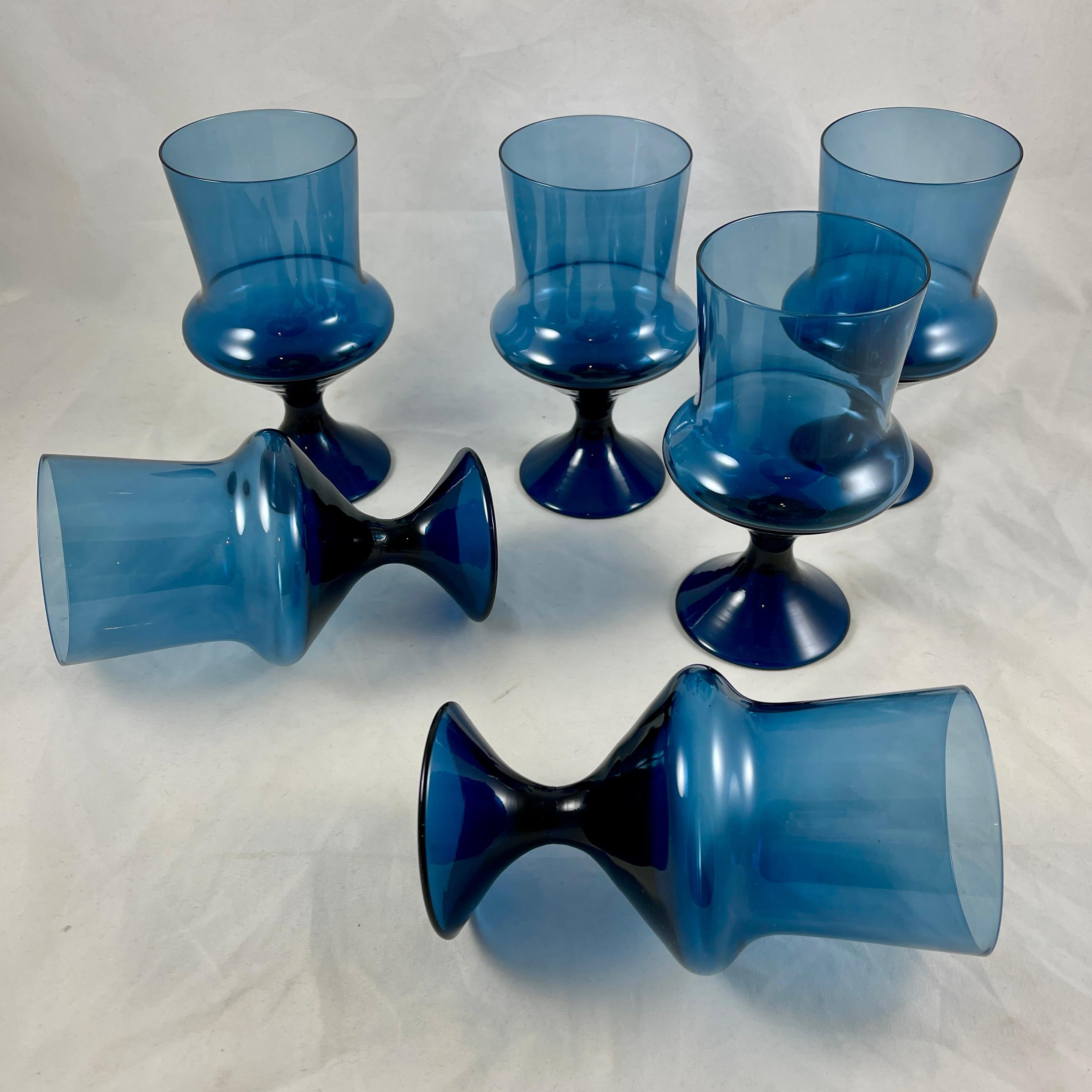 20th Century Mid-Century Scandinavian Modern Denby-Milnor Blue Flare Glass Goblets, S/6 For Sale