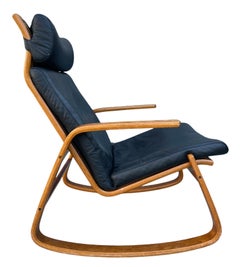  Mid Century Scandinavian Modern Leather Bentwood Rocking Chair by Westnofa