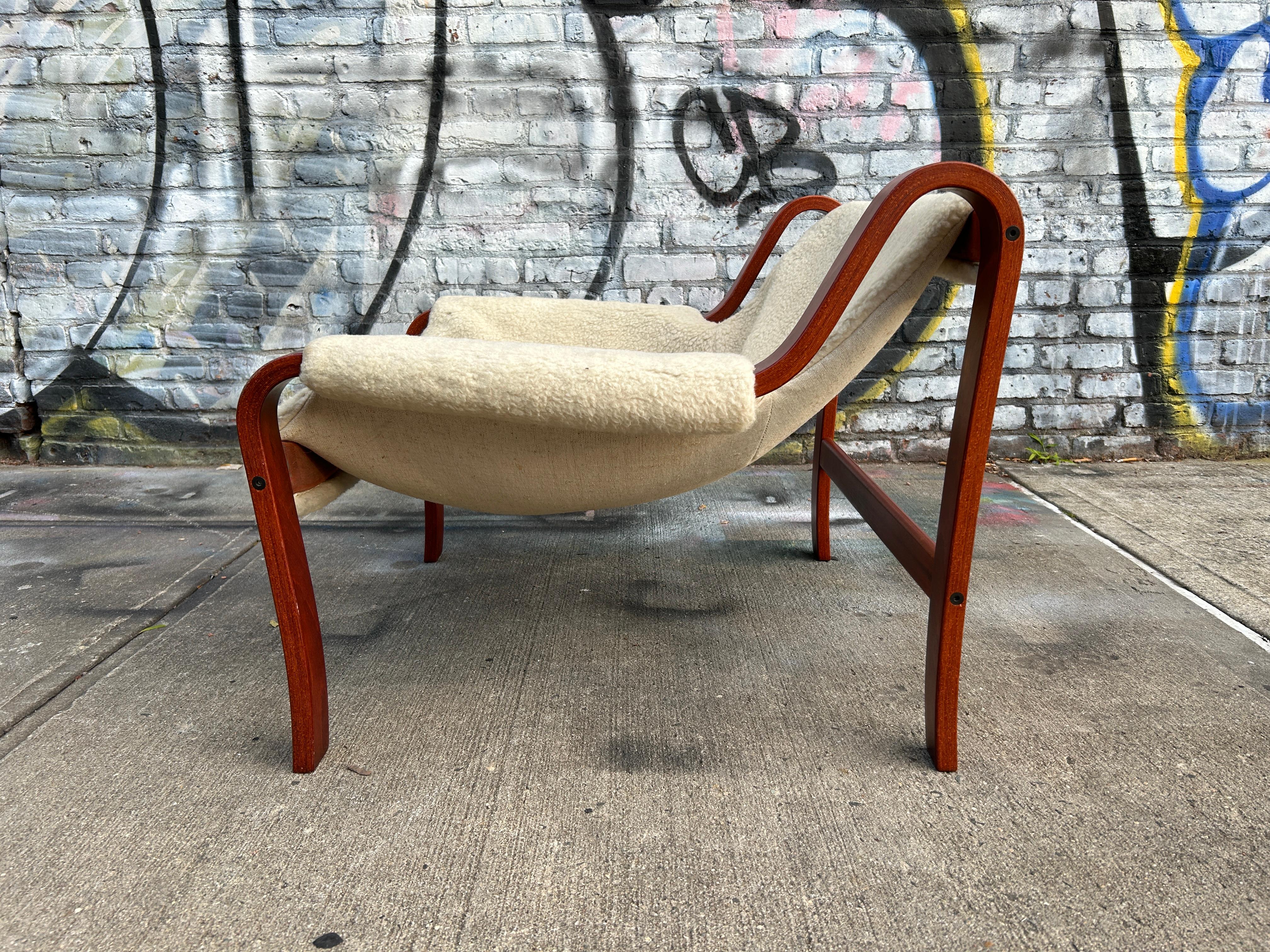 Mid century Scandinavian low bentwood Sherpa lounge chair. Mid century style modern style of westnofa. Bentwood with thick wool Sherpa sling chair. Sits very low. Shows sign of use but good vintage condition. Located in Brooklyn NYC

4 available.