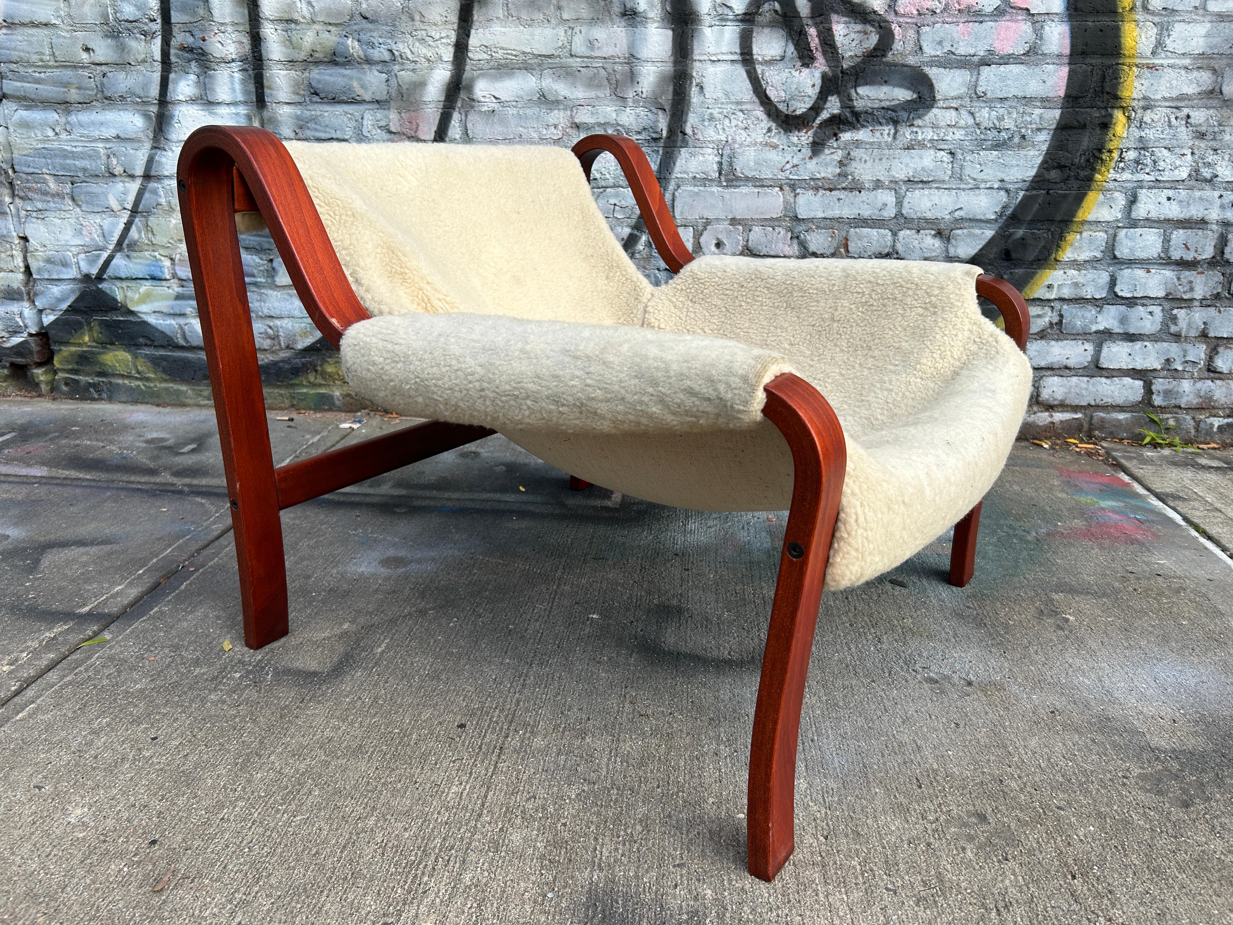 20th Century Mid Century Scandinavian Modern Low Bentwood Sherpa Sling Lounge Chair