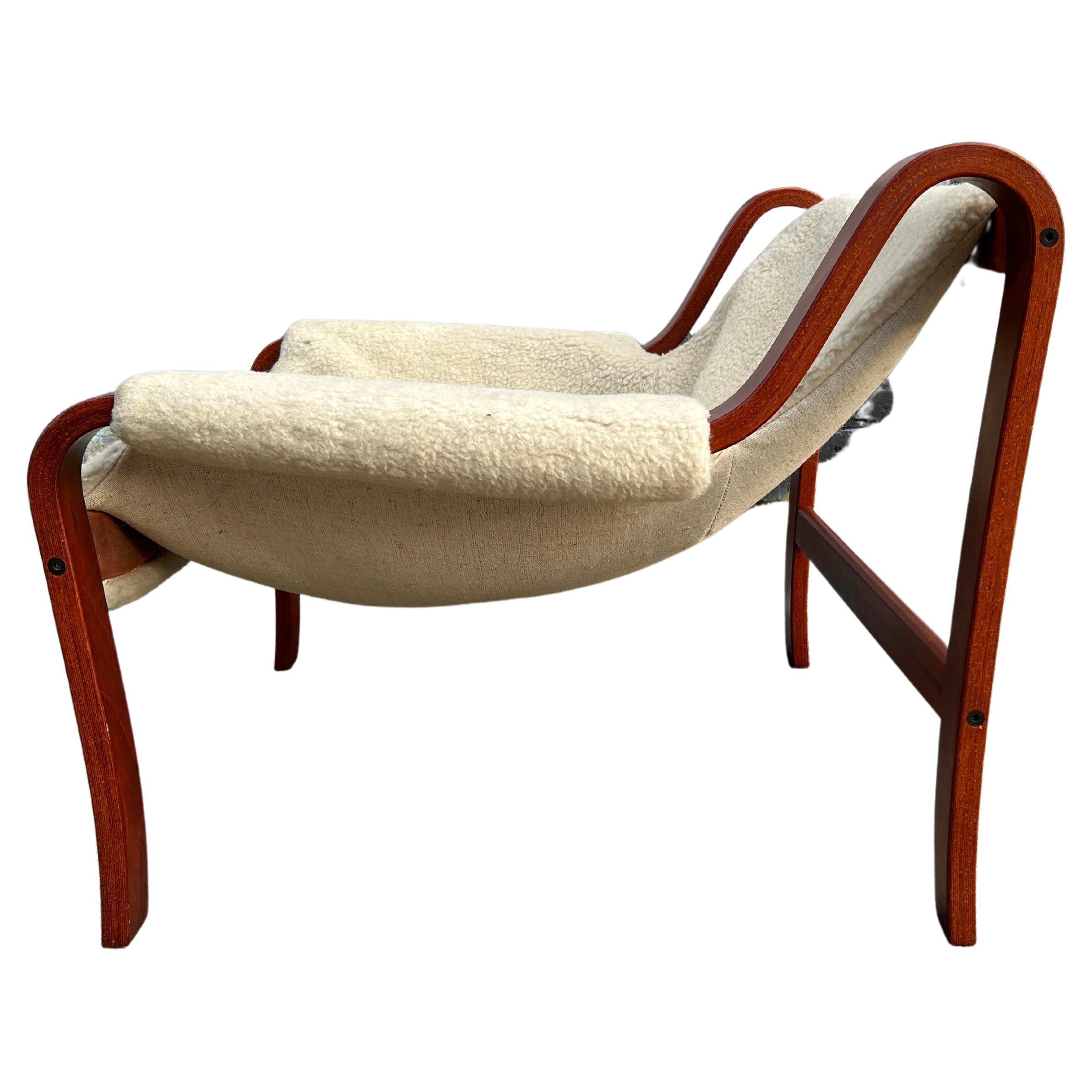 Mid Century Scandinavian Modern Low Bentwood Sherpa Sling Lounge Chair