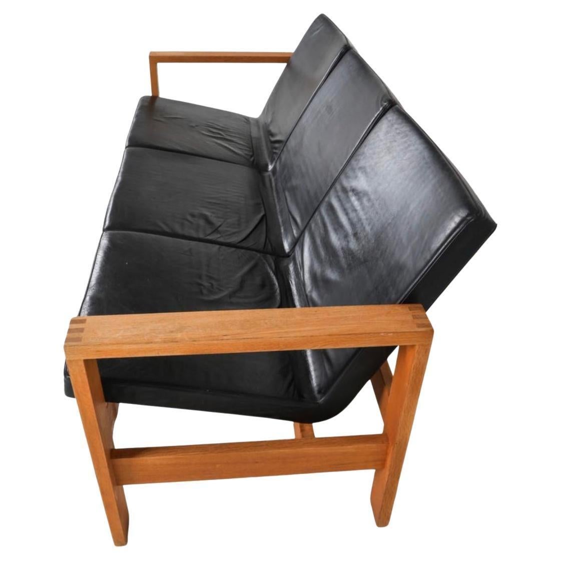 Scandinavian Modern Mid Century Scandinavian modern oak 3 seat black leather sofa made in Sweden For Sale