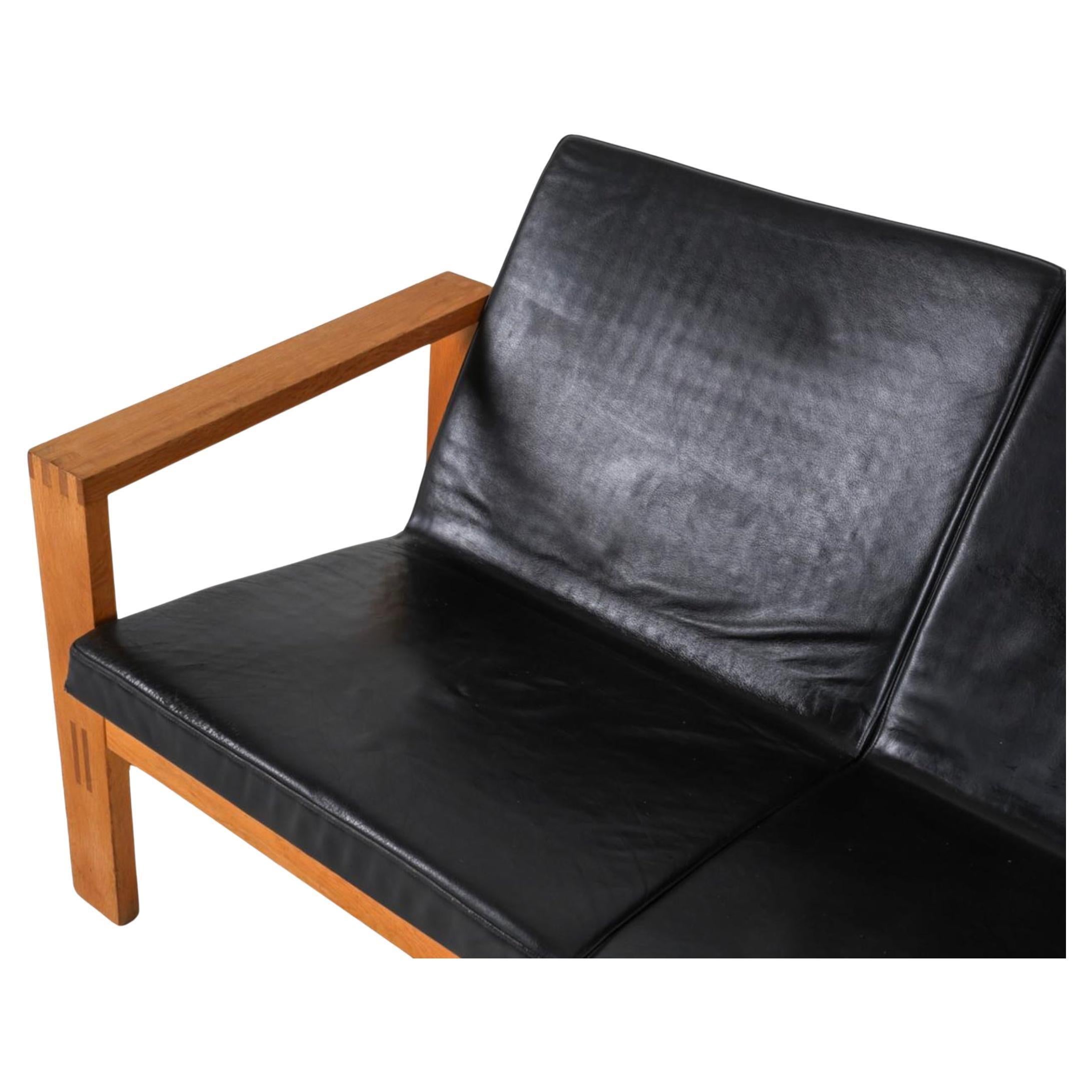 Swedish Mid Century Scandinavian modern oak 3 seat black leather sofa made in Sweden For Sale