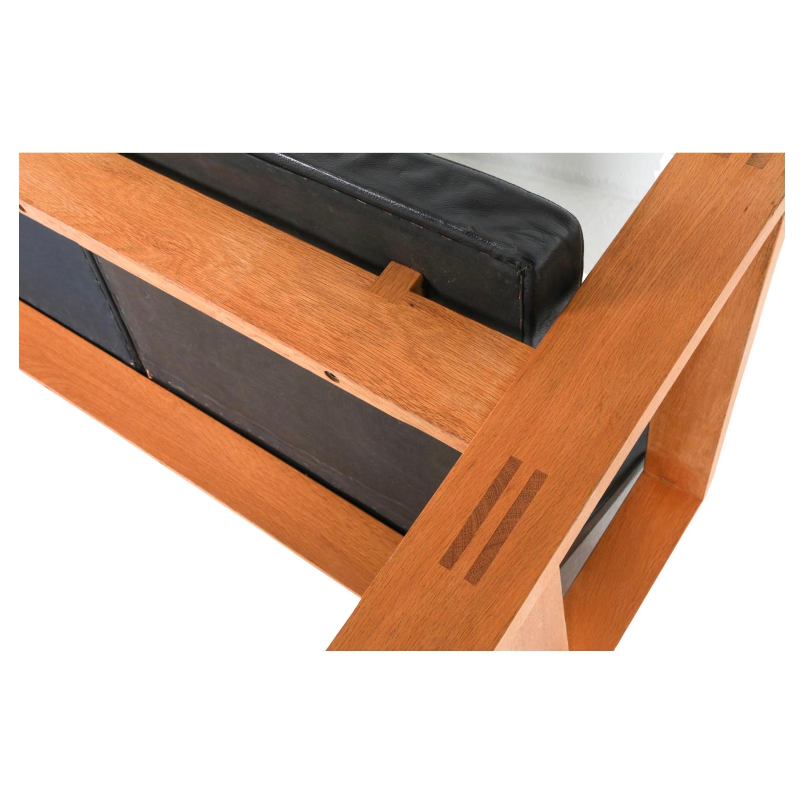 Woodwork Mid Century Scandinavian modern oak 3 seat black leather sofa made in Sweden For Sale