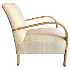 Mid Century Scandinavian Modern of Curved Arm lounge chair with White linen