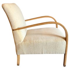 Mid Century Scandinavian Modern de sillón de brazos curvados con lino blanco