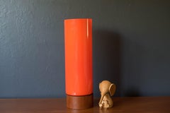 Mid Century Scandinavian Modern Orange Cylinder Glass and Teak Table Lamp