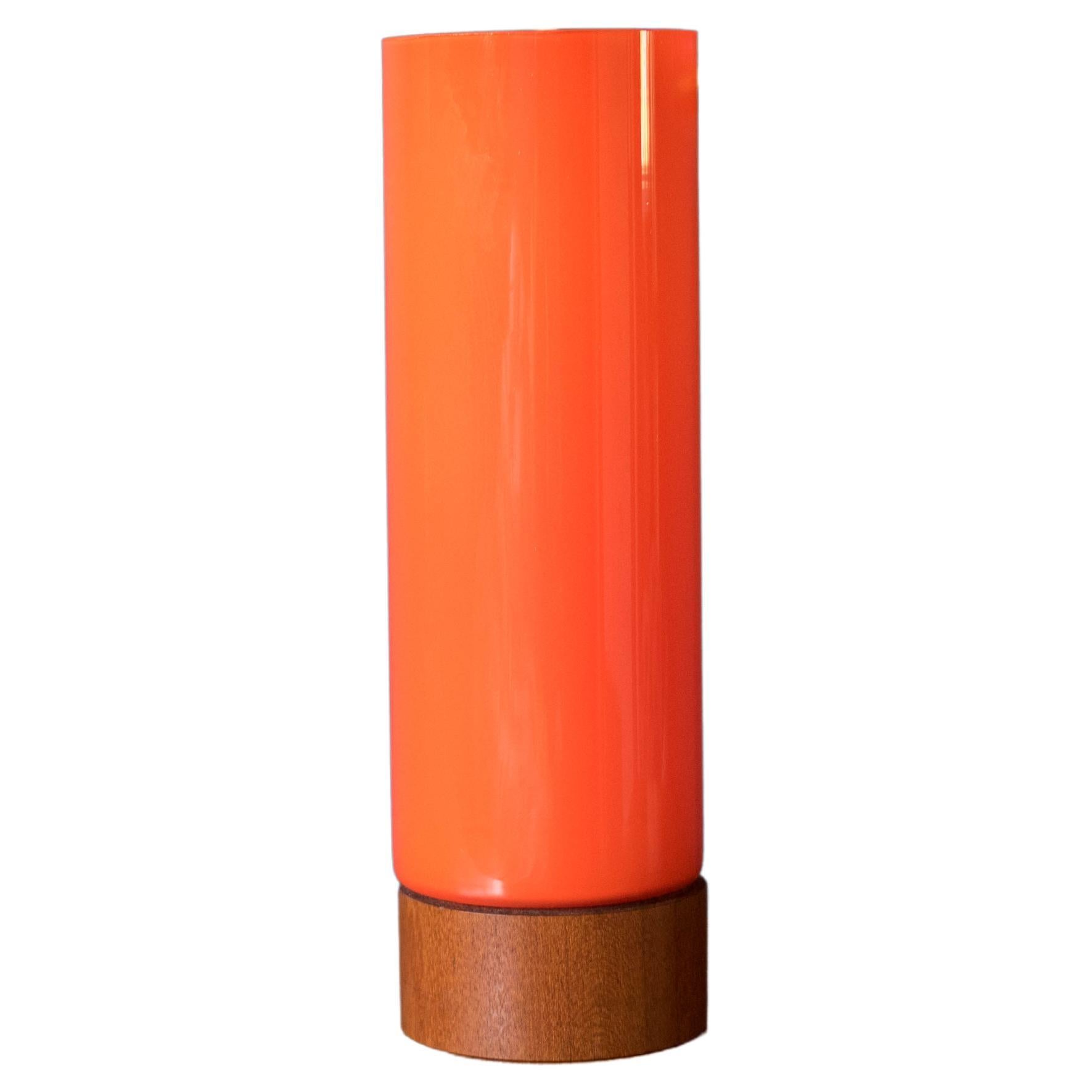 Mid Century Scandinavian Modern Orange Cylinder Glass and Teak Table Lamp For Sale