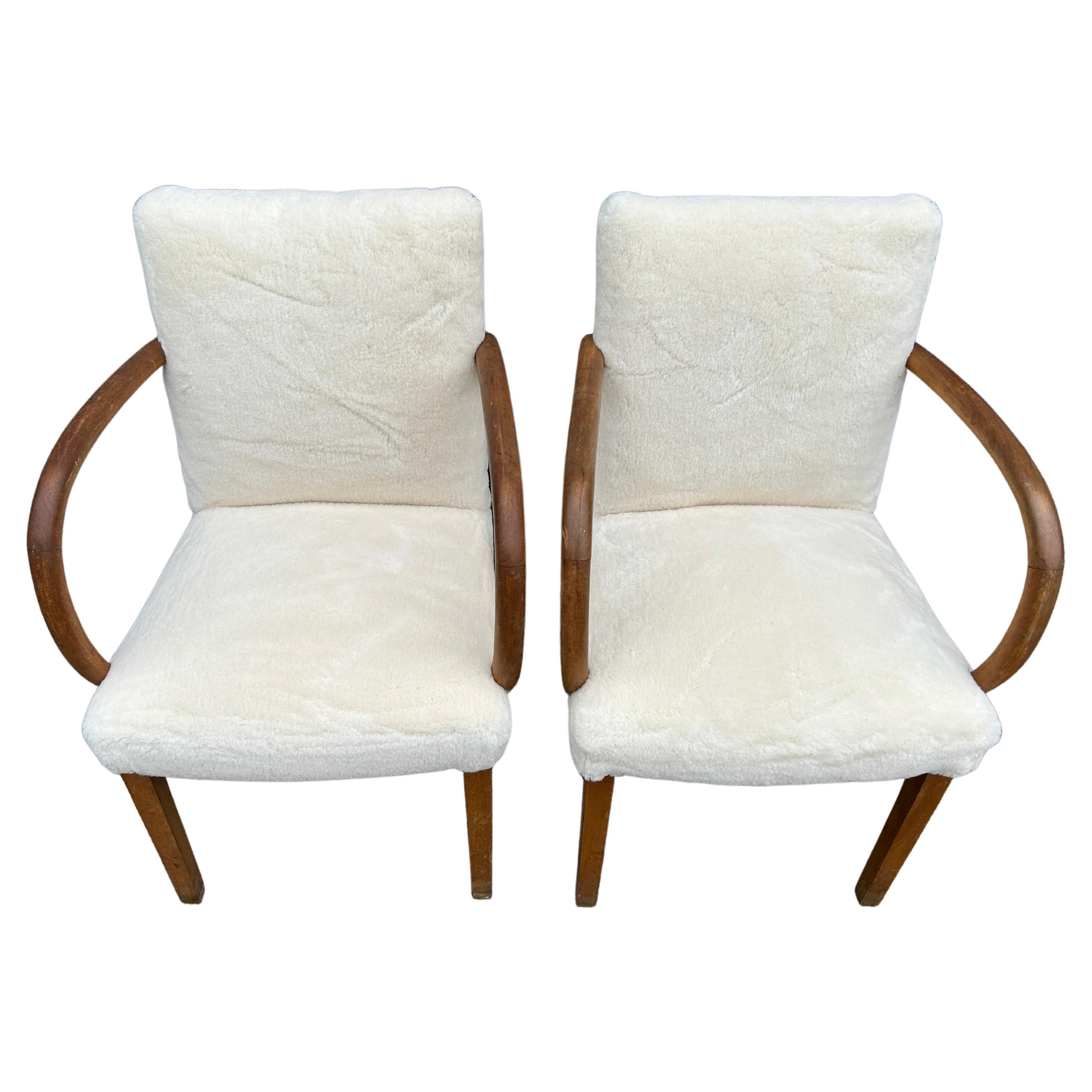 Swedish Mid Century Scandinavian Modern Pair of Curved Armchairs with White Sherpa For Sale