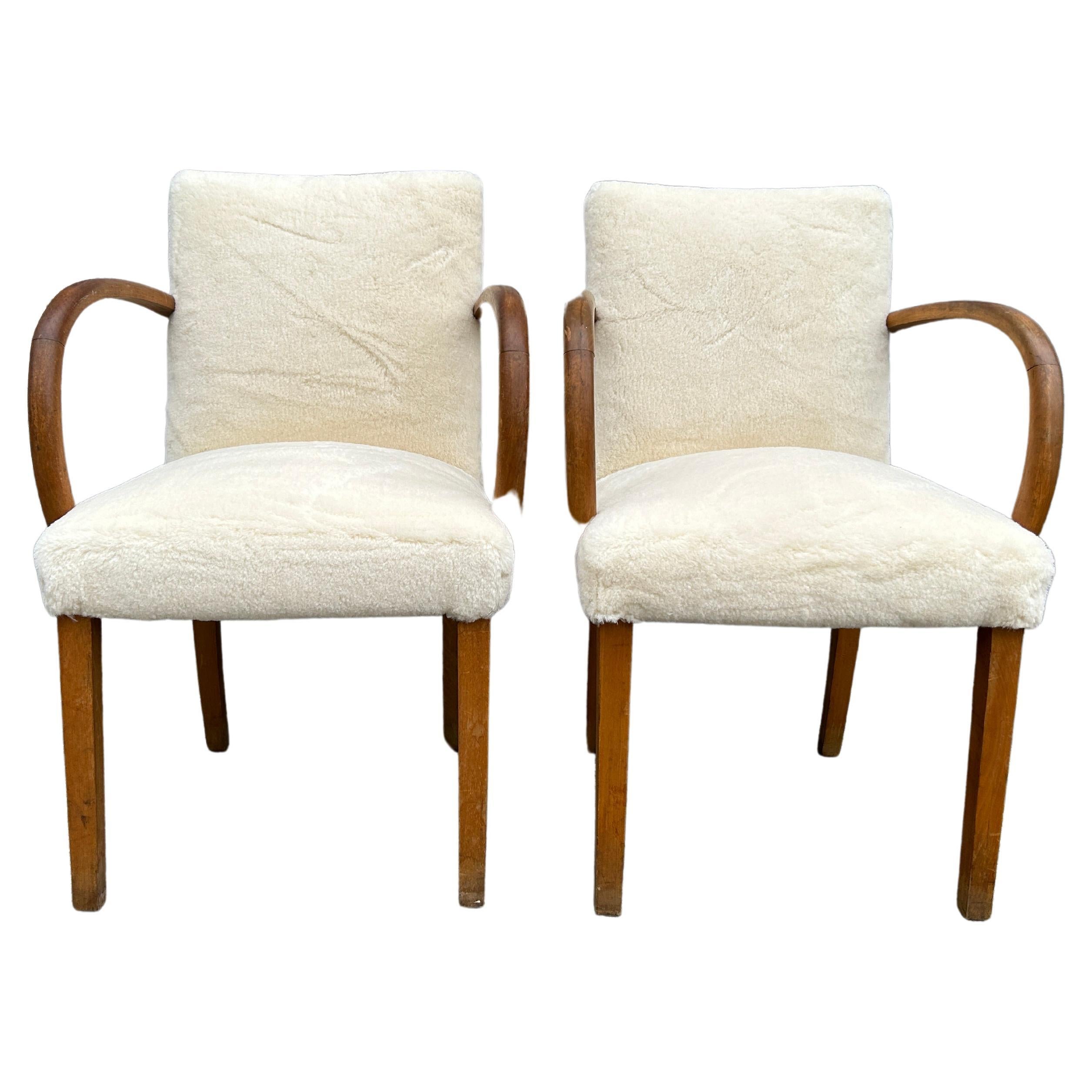 Woodwork Mid Century Scandinavian Modern Pair of Curved Armchairs with White Sherpa For Sale