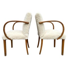 Vintage Mid Century Scandinavian Modern Pair of Curved Armchairs with White Sherpa