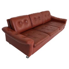 Mid Century Scandinavian Modern Red Leather tufted low 3 seat sofa chrome legs