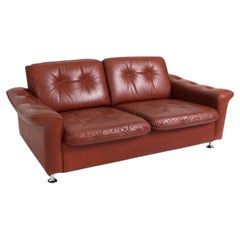 Mid Century Scandinavian Modern Red Leather tufted low loveseat sofa chrome legs
