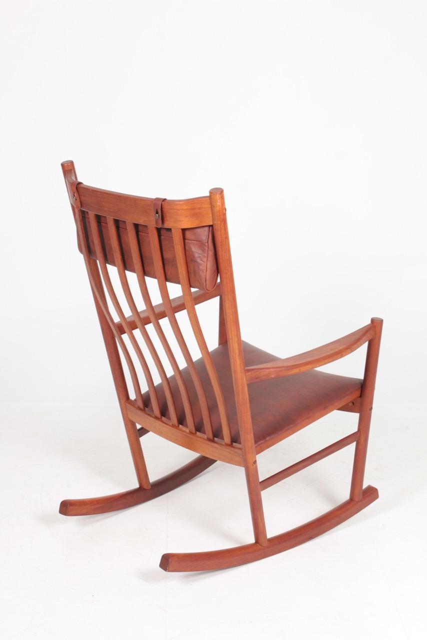 Midcentury Scandinavian Modern Rocking Chair in Teak & Patinated Leather, 1960s 5