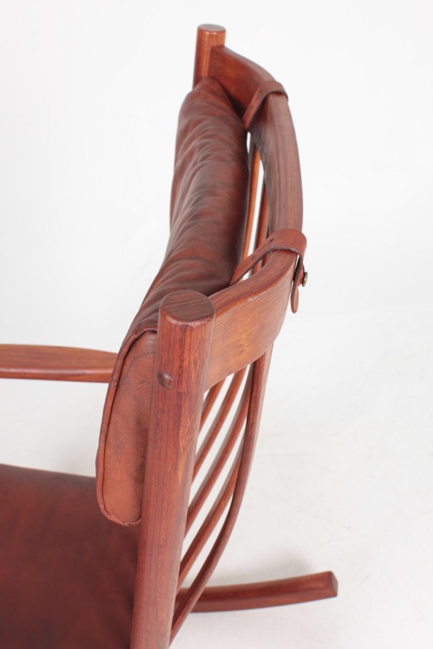 Swedish Midcentury Scandinavian Modern Rocking Chair in Teak & Patinated Leather, 1960s