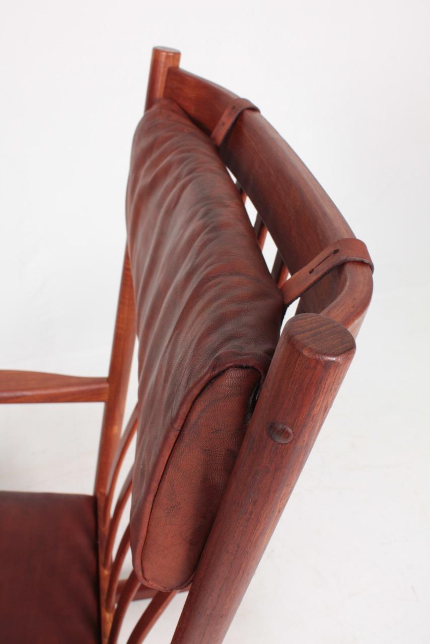 Midcentury Scandinavian Modern Rocking Chair in Teak & Patinated Leather, 1960s In Good Condition In Lejre, DK