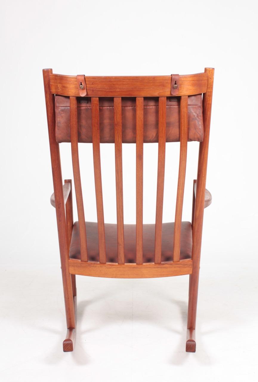 Mid-20th Century Midcentury Scandinavian Modern Rocking Chair in Teak & Patinated Leather, 1960s