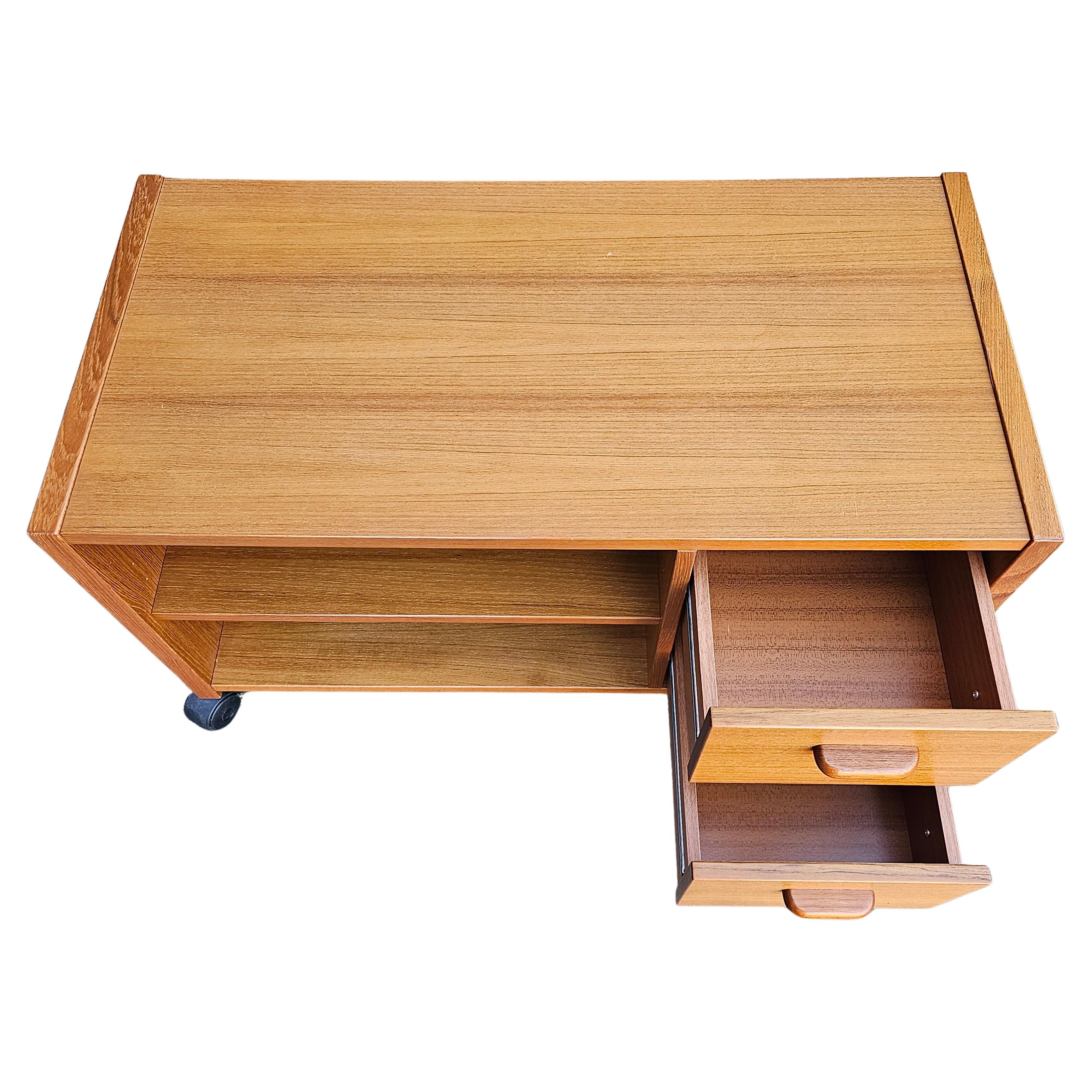 Woodwork Mid-Century Scandinavian Modern Rolling Teak Stereo Cabinet For Sale