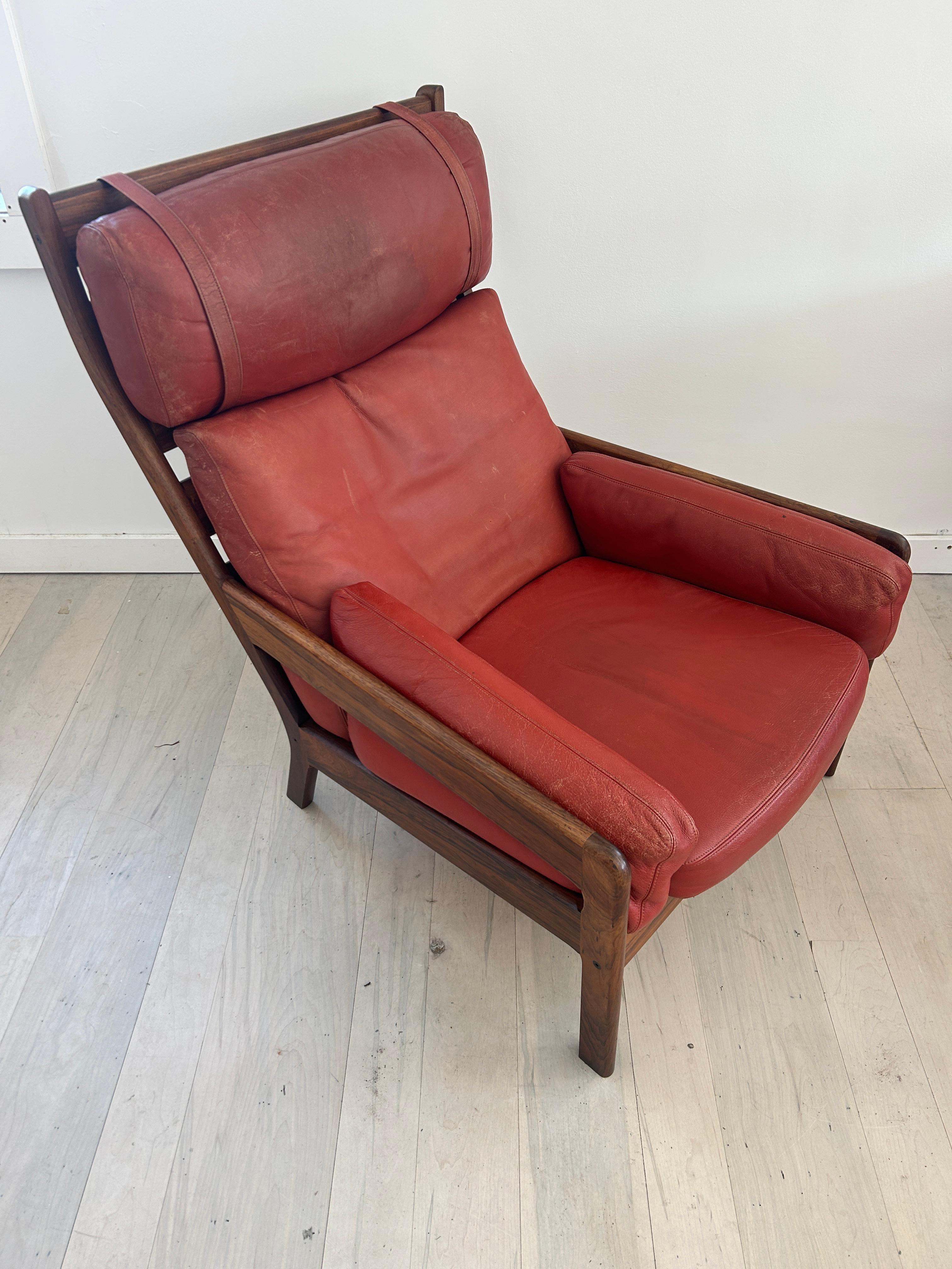 Woodwork Midcentury Scandinavian Modern Solid Rosewood Red Leather Lounge Chair For Sale