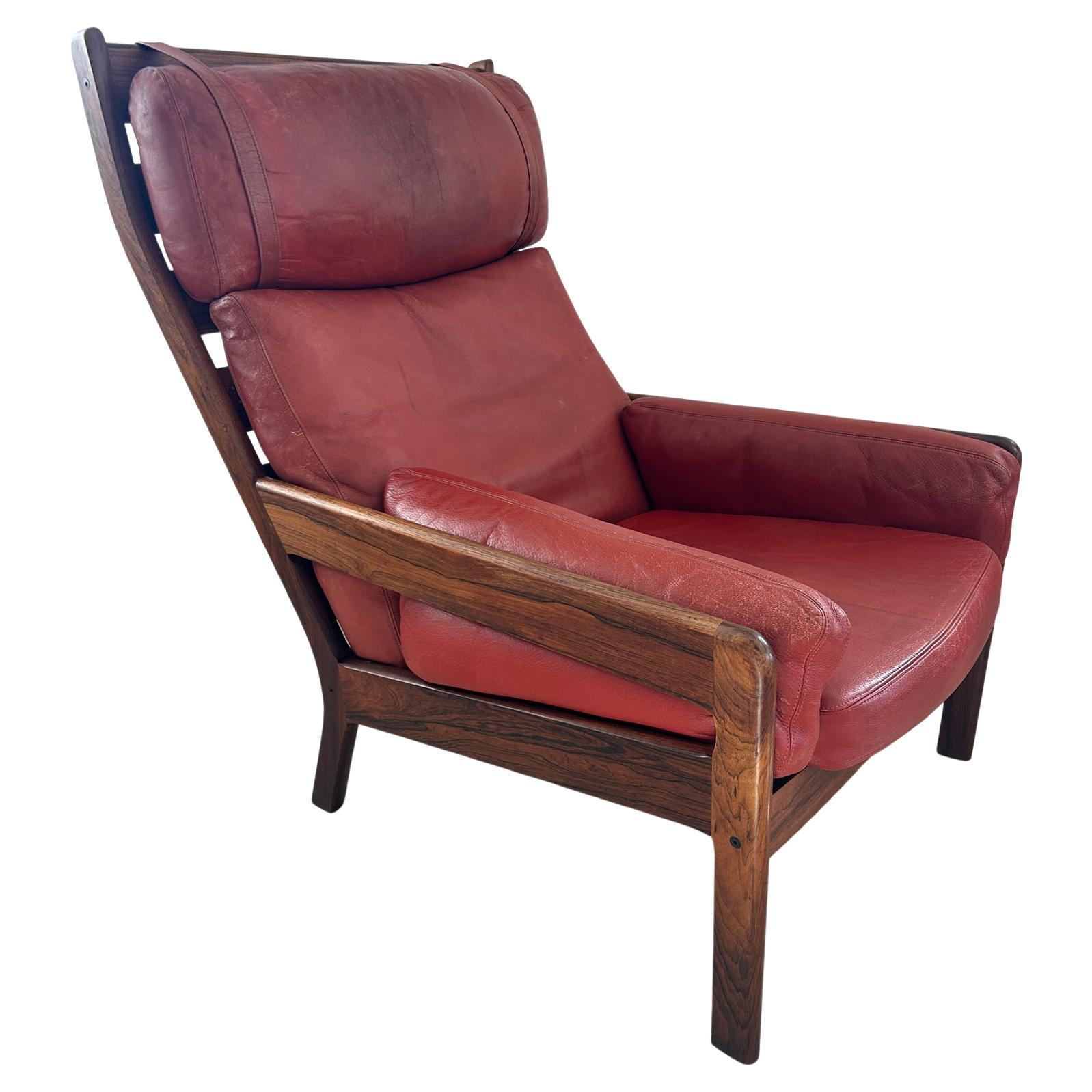 Danish Midcentury Scandinavian Modern Solid Rosewood Red Leather Lounge Chair For Sale