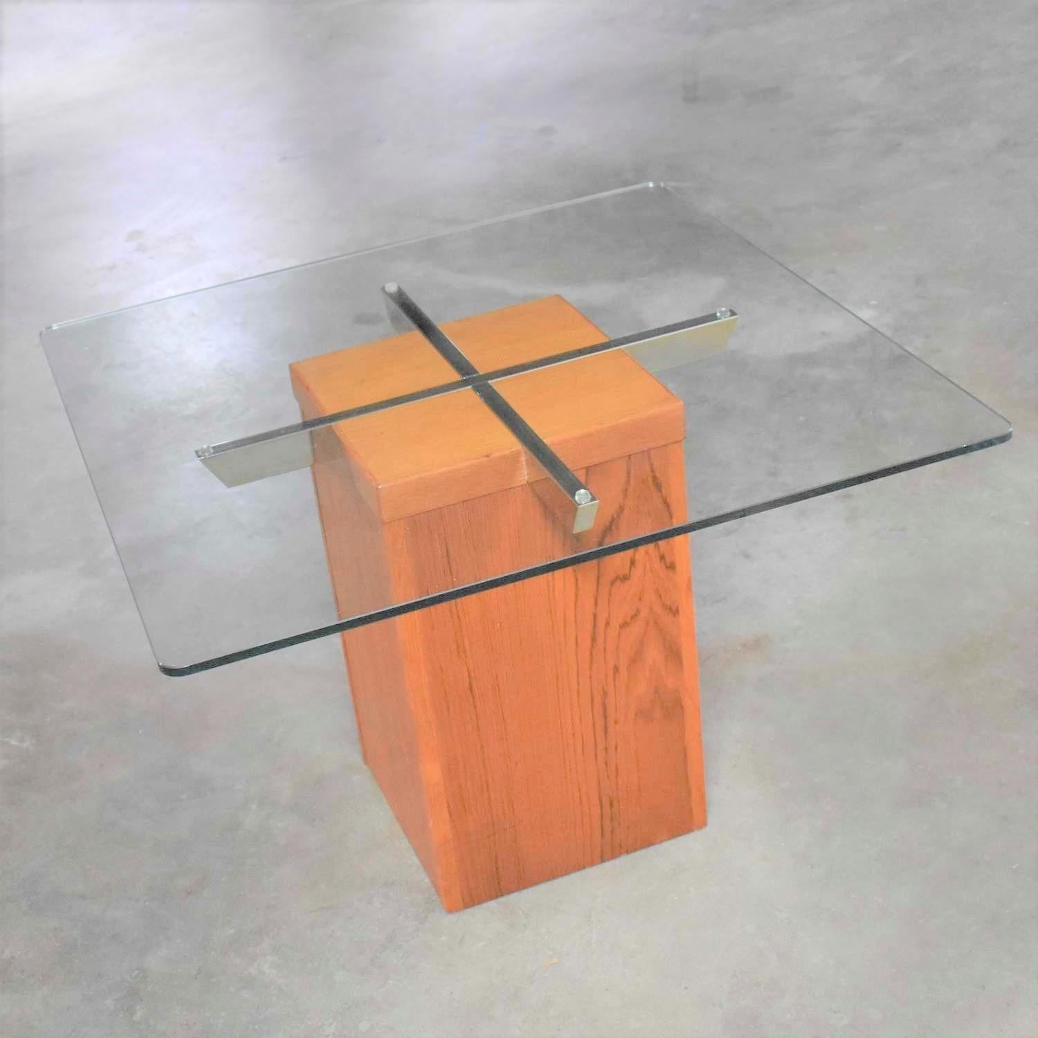 Danish Midcentury Scandinavian Modern Square Teak Chrome and Glass Side Table