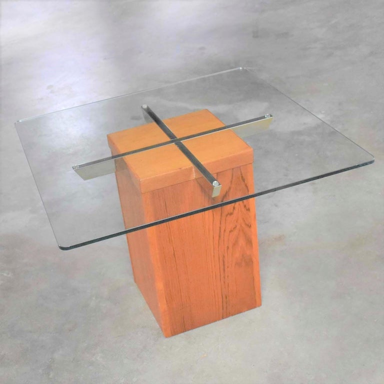 Danish Midcentury Scandinavian Modern Square Teak Chrome and Glass Side Table For Sale