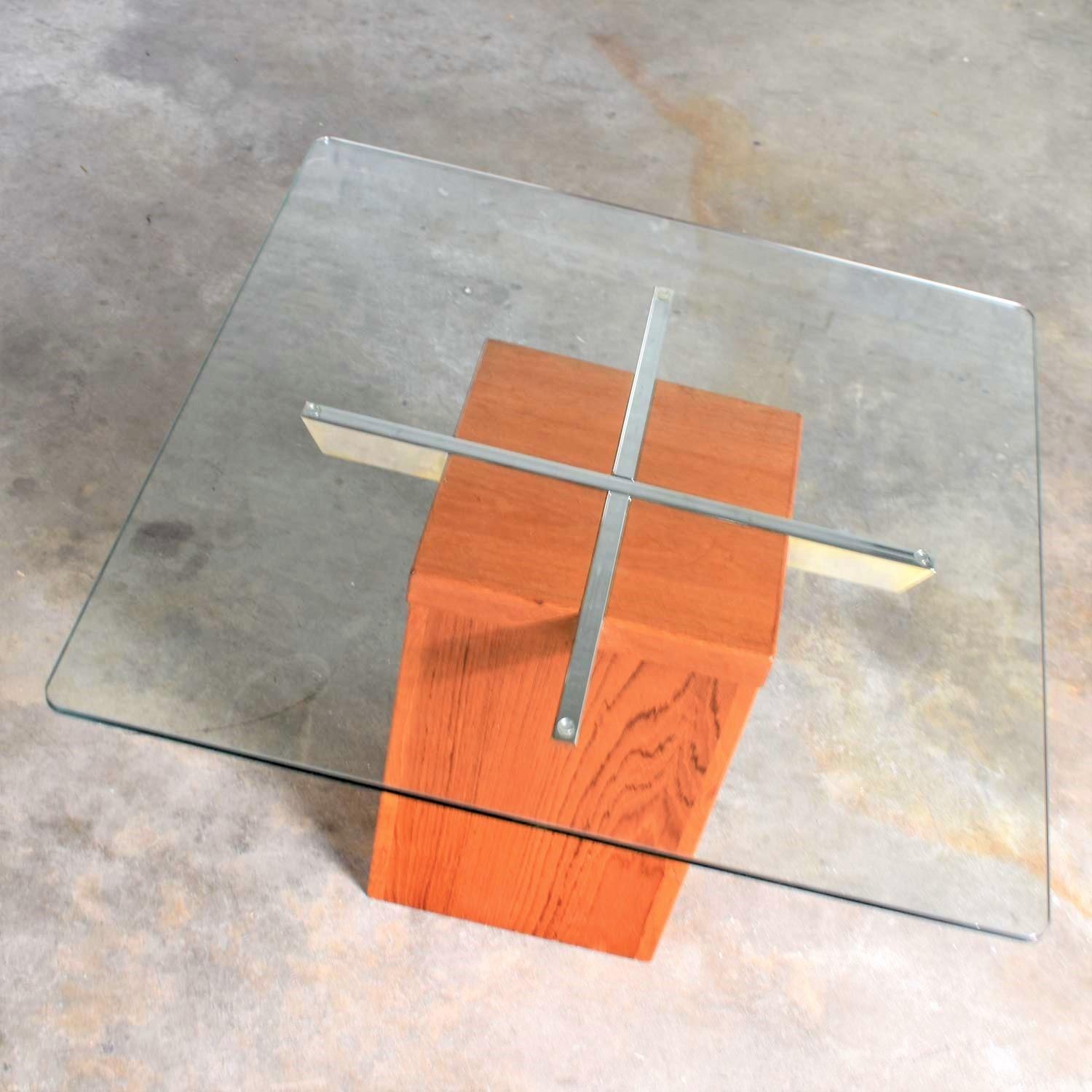 Midcentury Scandinavian Modern Square Teak Chrome and Glass Side Table 1