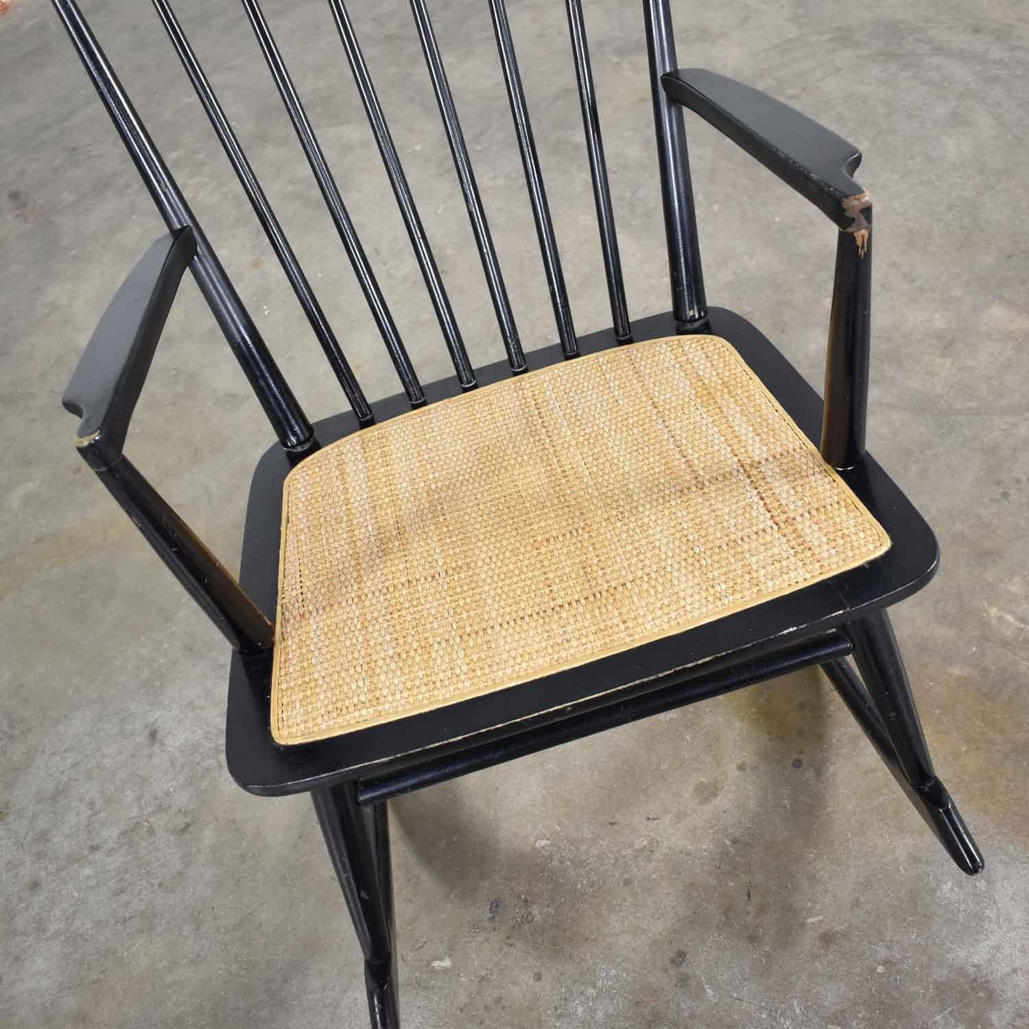 Midcentury Scandinavian Modern Style Spindle Back Rocking Chair Black with Cane 3