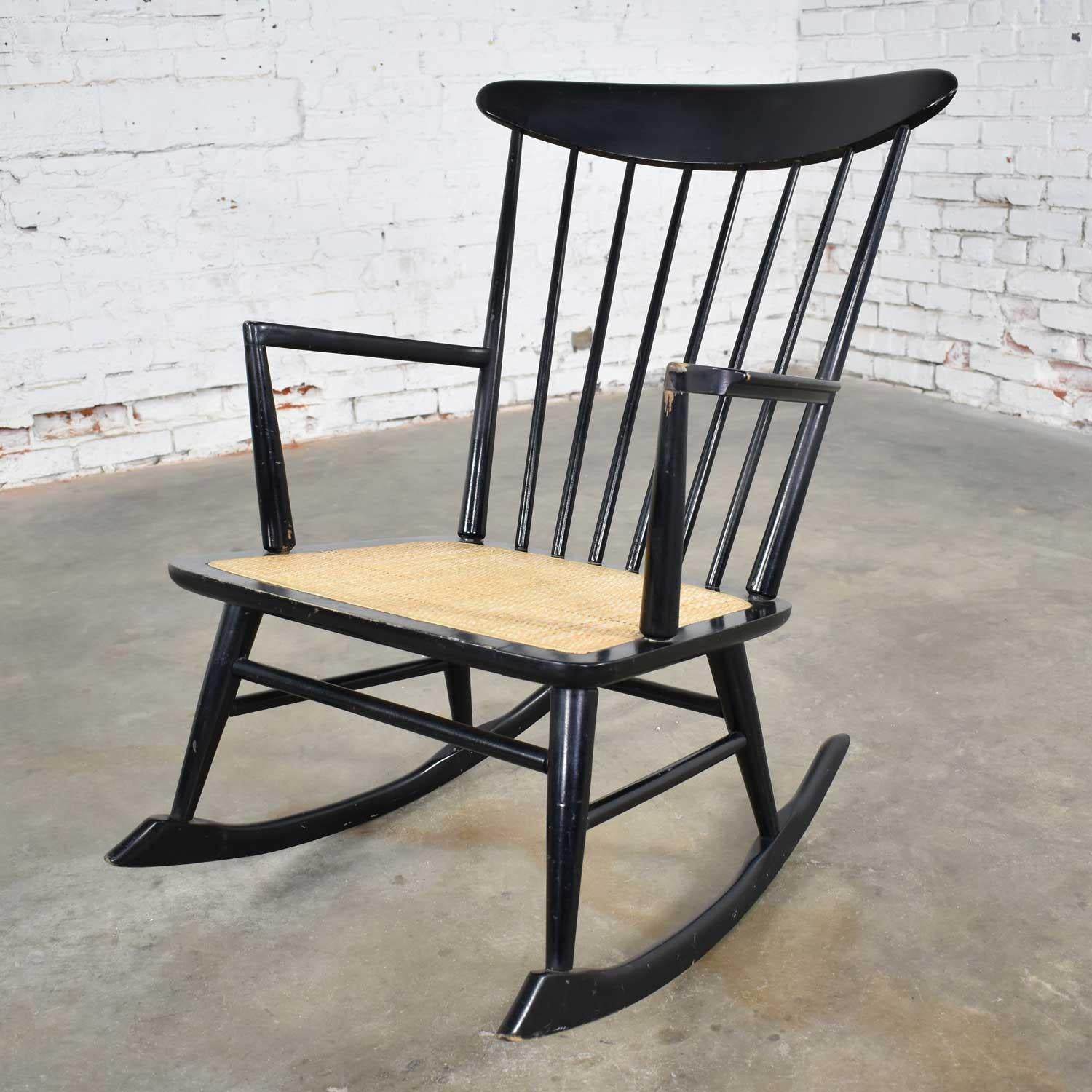 Painted Midcentury Scandinavian Modern Style Spindle Back Rocking Chair Black with Cane