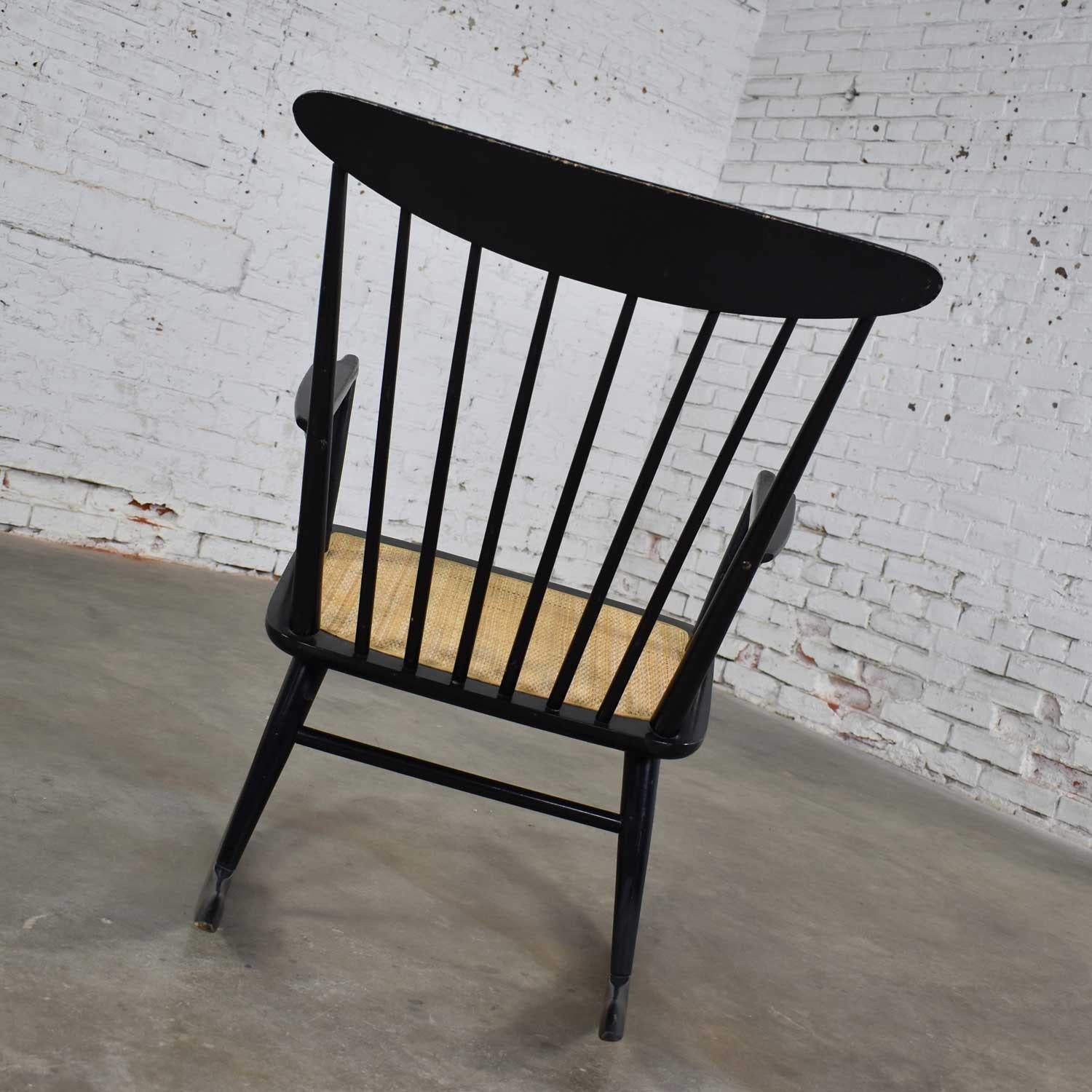 20th Century Midcentury Scandinavian Modern Style Spindle Back Rocking Chair Black with Cane