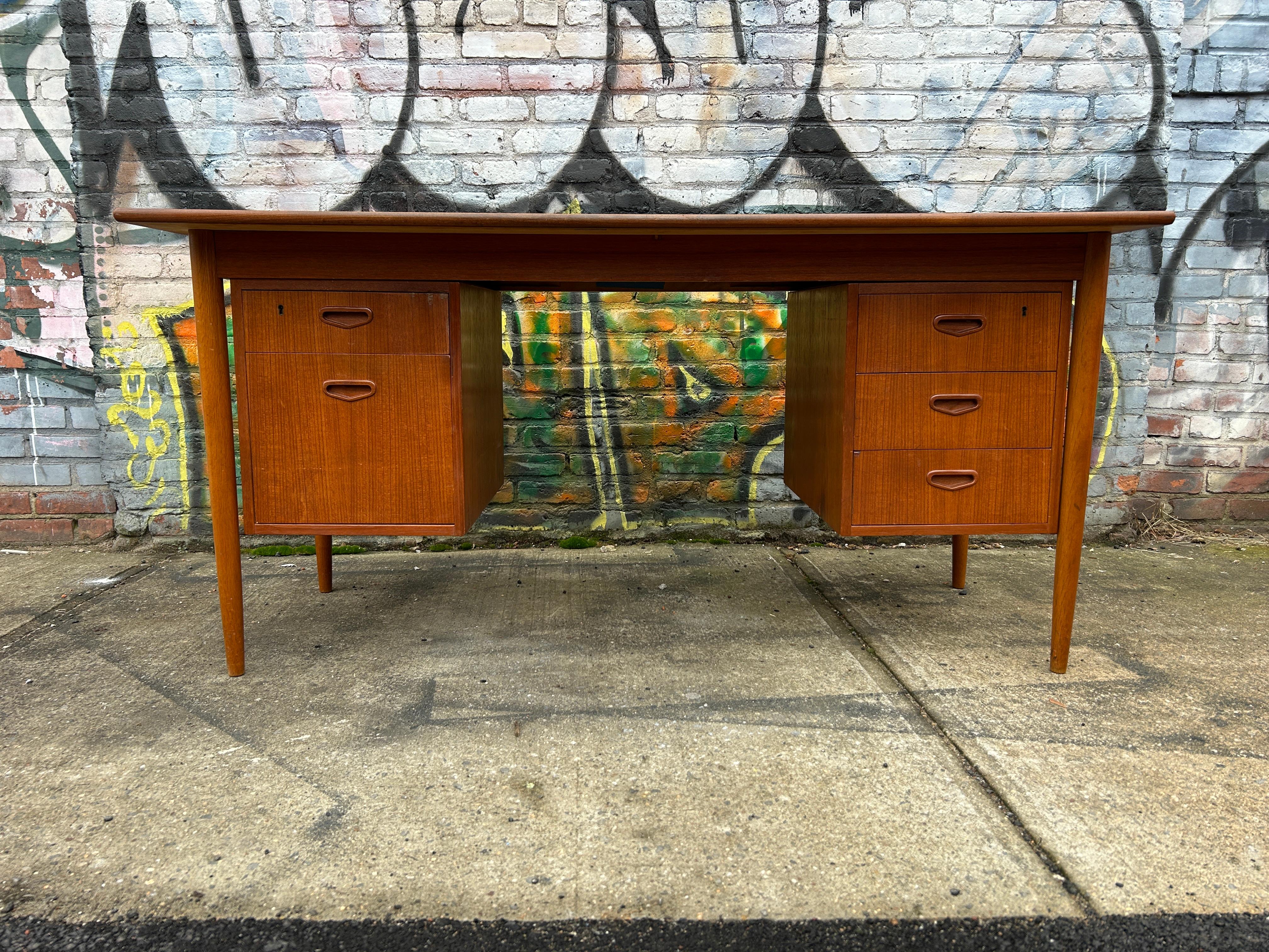 Brass Mid Century Scandinavian Modern teak 5 drawer desk with key Sweden For Sale