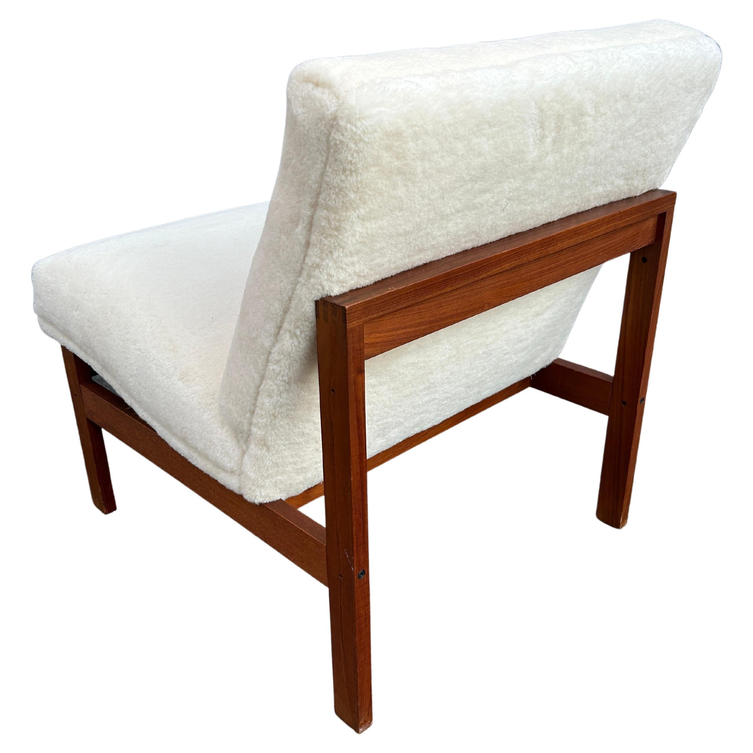 Danish Mid century Scandinavian Modern teak frame slipper lounge chair shearling 