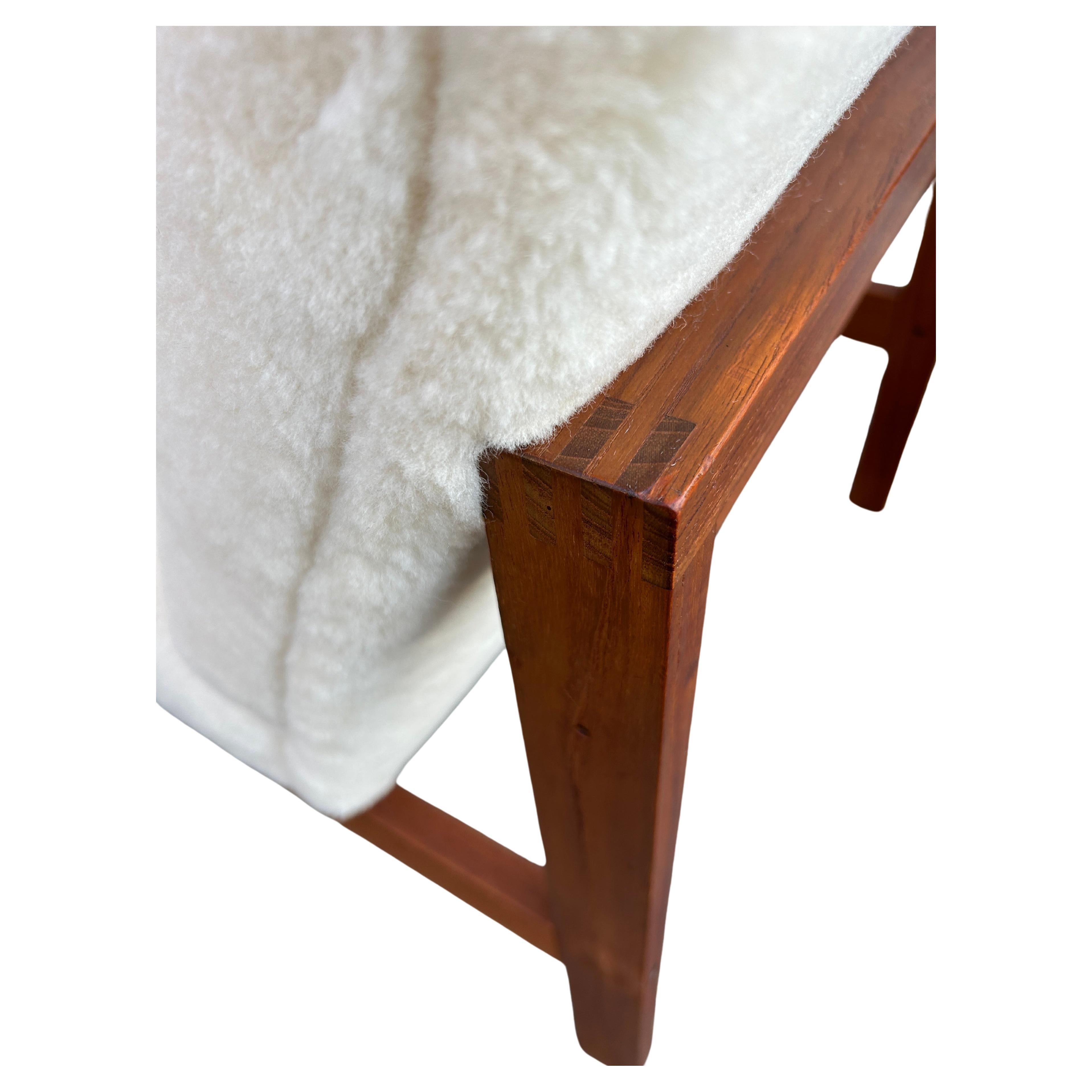 Mid-20th Century Mid century Scandinavian Modern teak frame slipper lounge chair shearling 