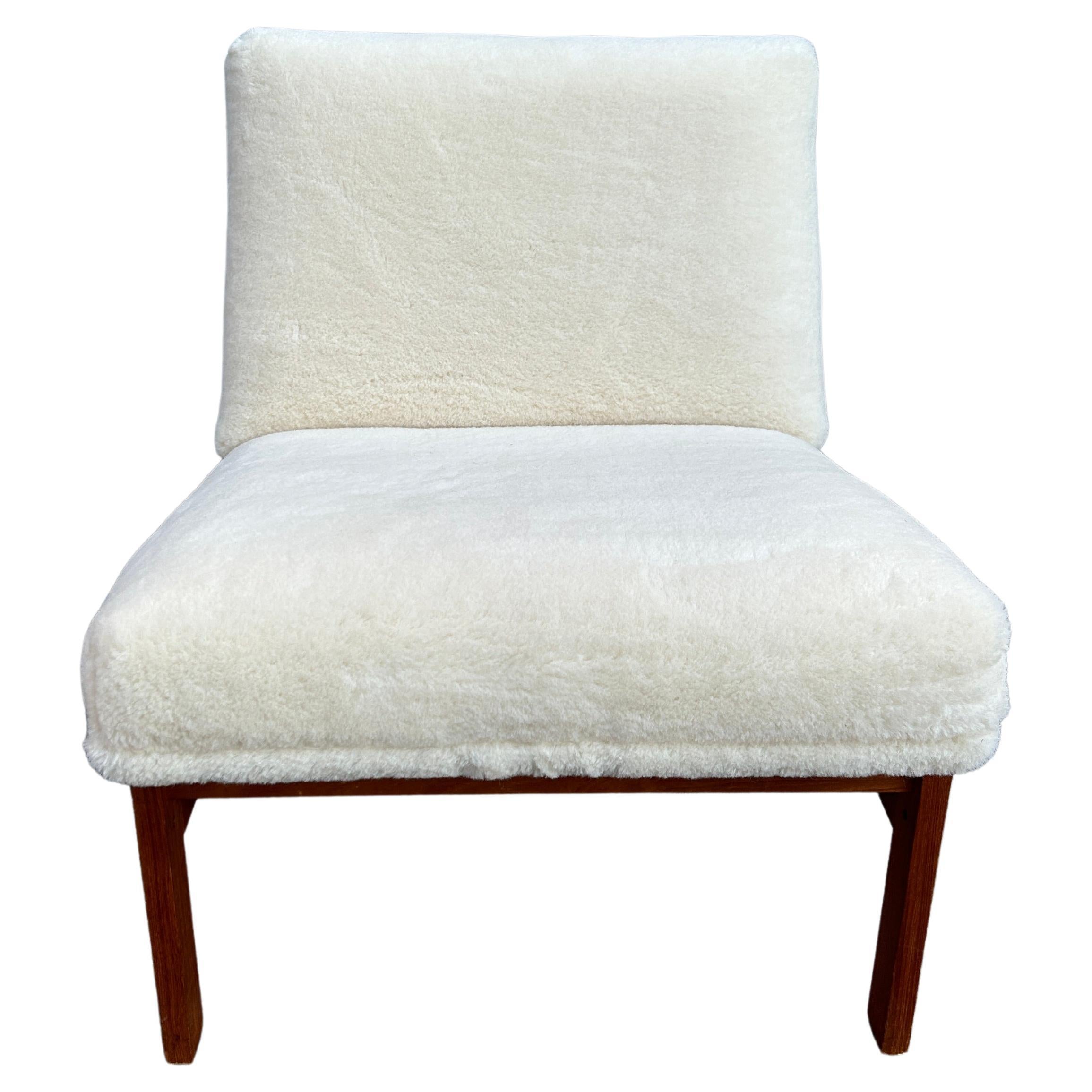 Wool Mid century Scandinavian Modern teak frame slipper lounge chair shearling 