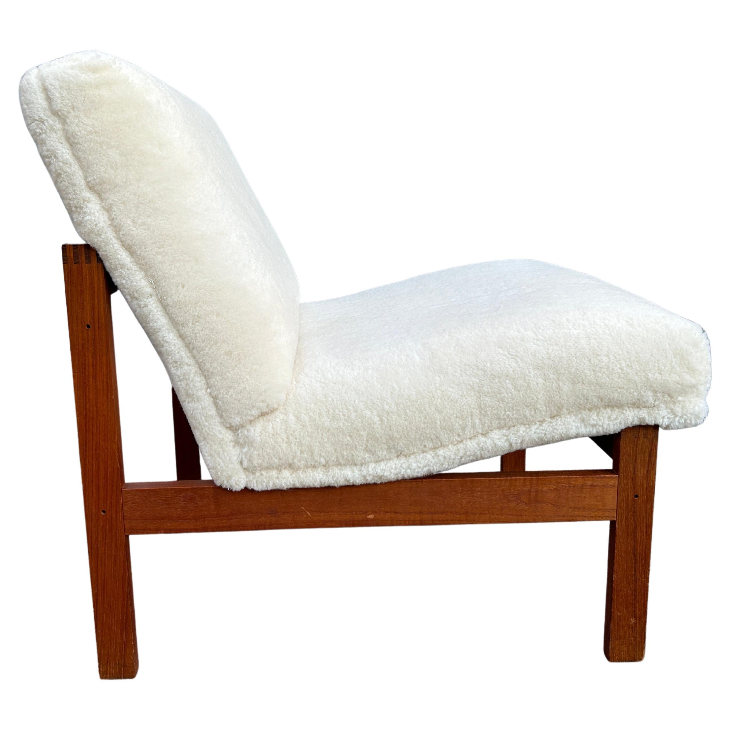Mid century Scandinavian Modern teak frame slipper lounge chair shearling 