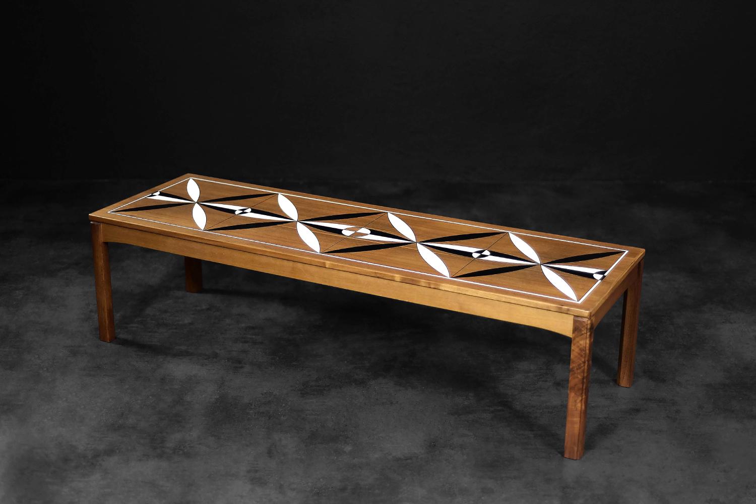 Swedish Mid-Century Scandinavian Modern Teak Long Coffee Table with Hand Painted Pattern For Sale