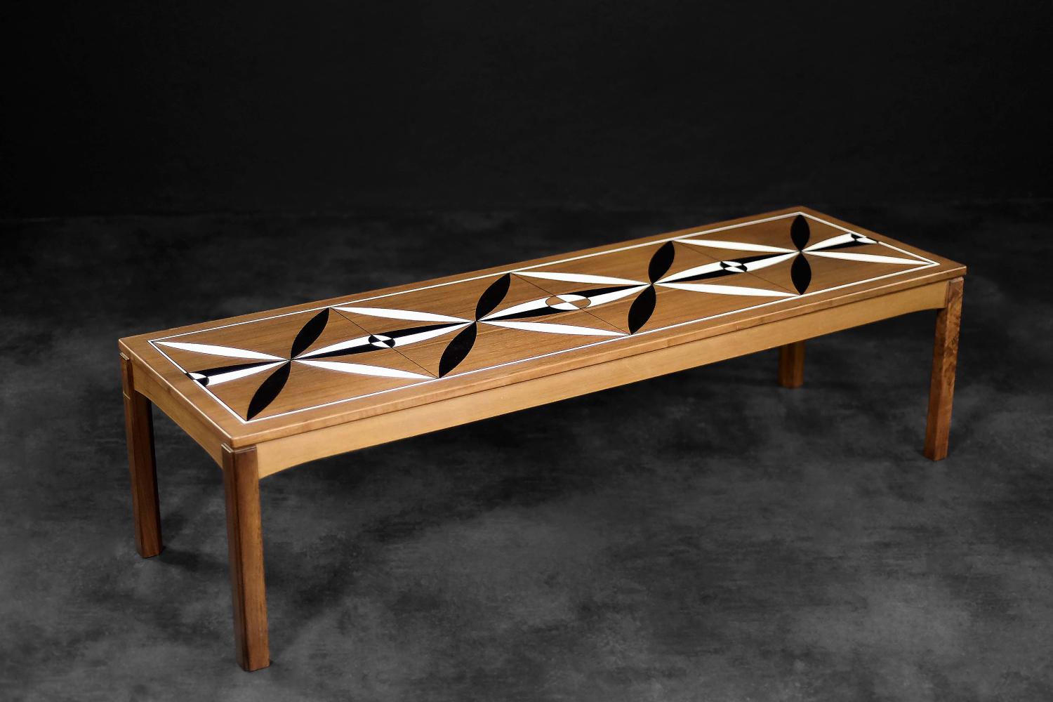 Mid-Century Scandinavian Modern Teak Long Coffee Table with Hand Painted Pattern For Sale 2
