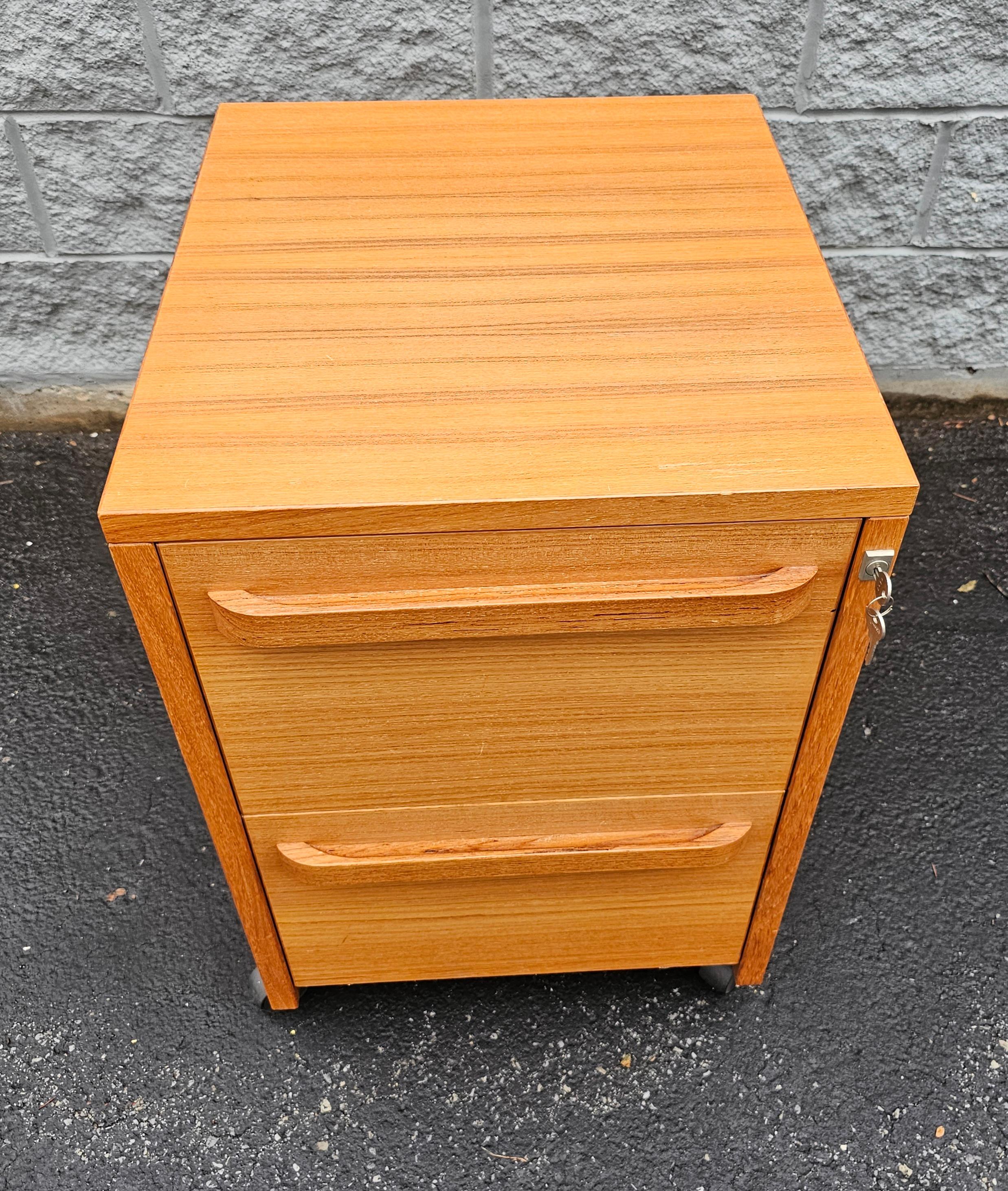 Other Mid-Century Scandinavian Modern Teak Two-Drawer Rolling Filing Cabinet with Lock For Sale