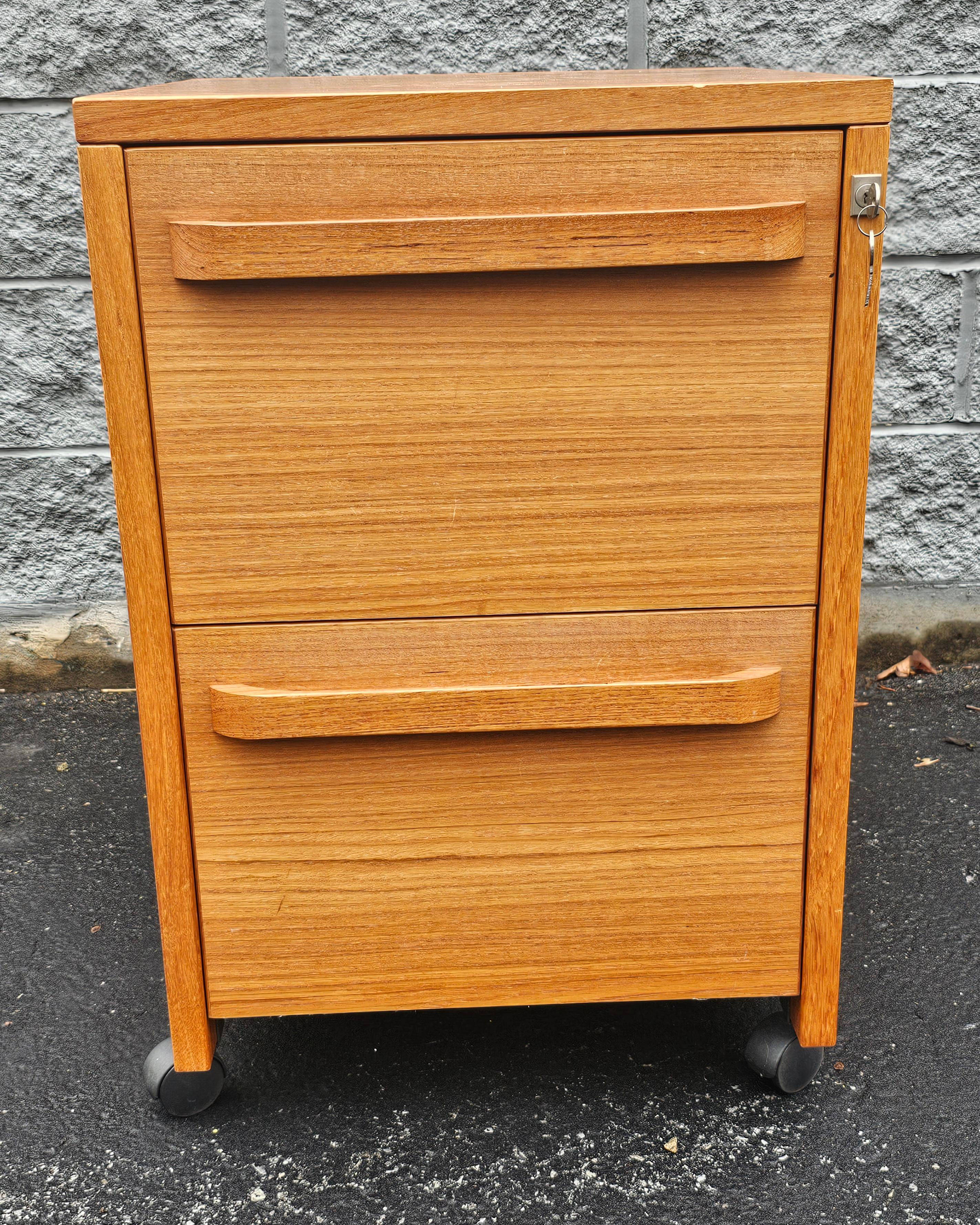 20th Century Mid-Century Scandinavian Modern Teak Two-Drawer Rolling Filing Cabinet with Lock For Sale
