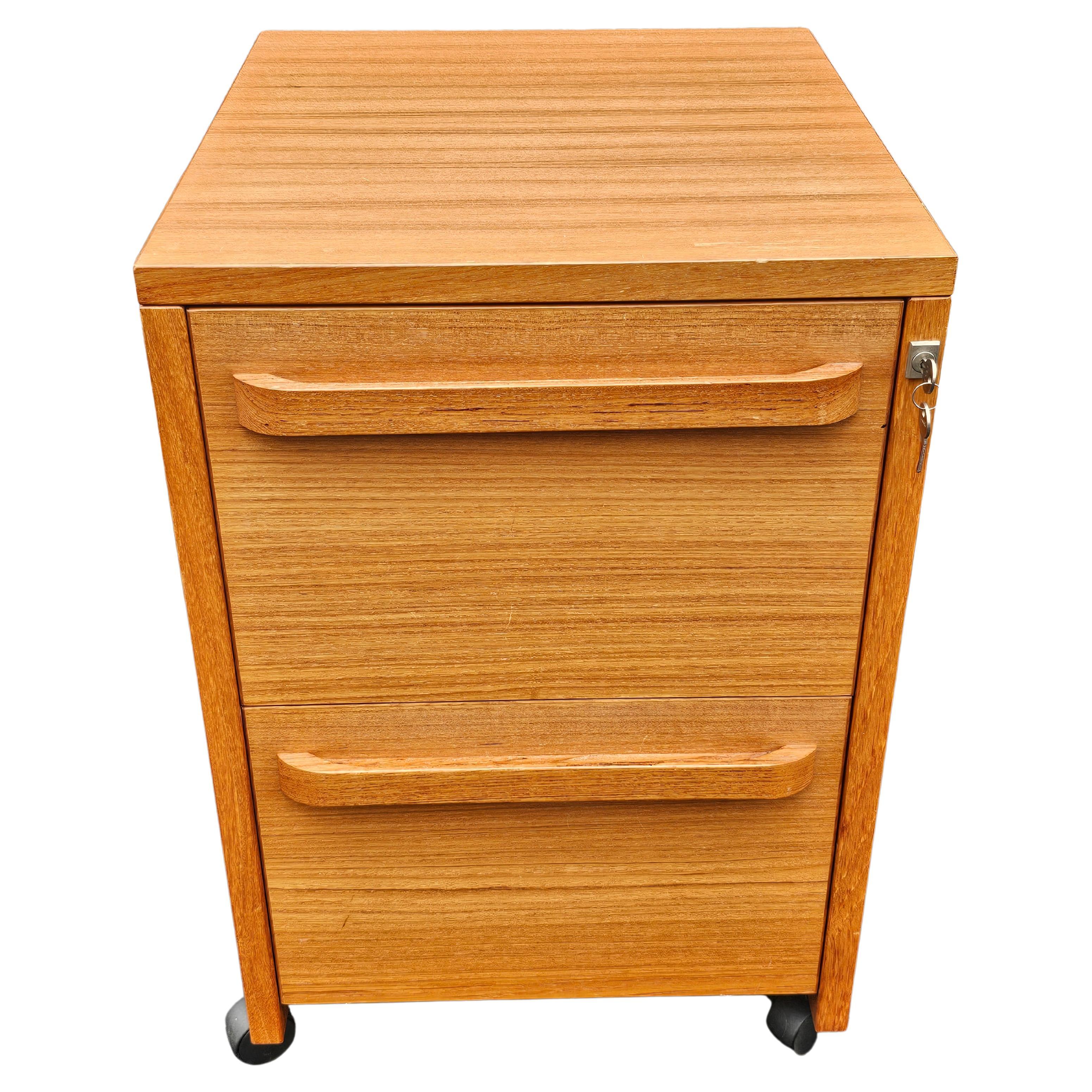 Mid-Century Scandinavian Modern Teak Two-Drawer Rolling Filing Cabinet with Lock