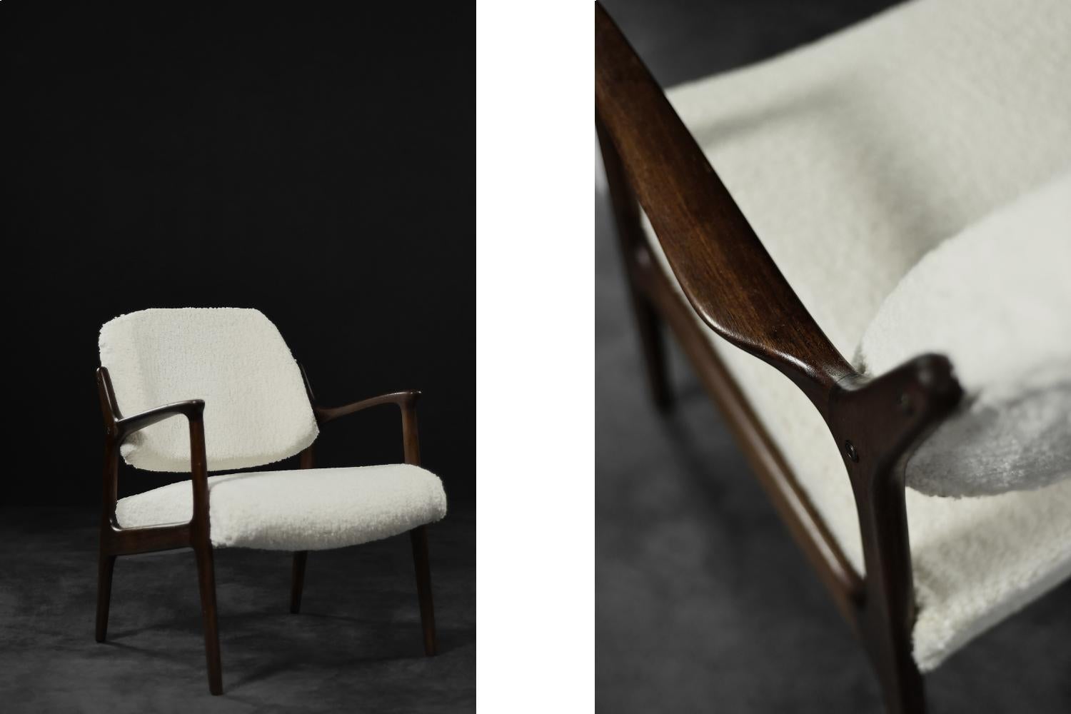 This modernist Domus lounge chair was designed by Inge Andersson for the Swedish manufacture Bröderna Andersson during the 1960s. The elegant frame of the armchair is made of teak in a chestnut shade of brown. The legs of the chair are connected to