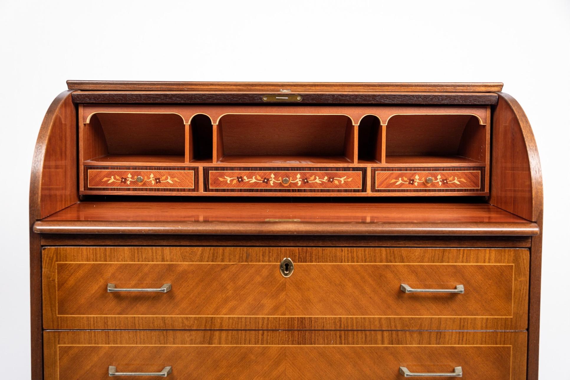 Brass Midcentury Swedish Modern Two-Toned Inlaid Rolltop Secretary Desk