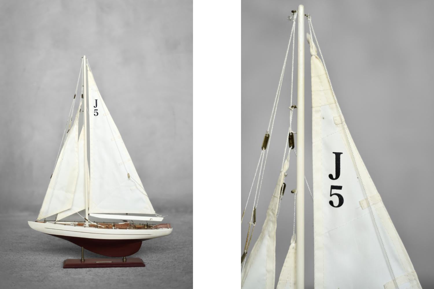 This model of the J-Class Ranger J5 yacht was produced in Scandinavia during the 1960s. The model was made with the utmost attention to detail, the details have been carefully reproduced. The hull is made of wood, varnished in burgundy and white