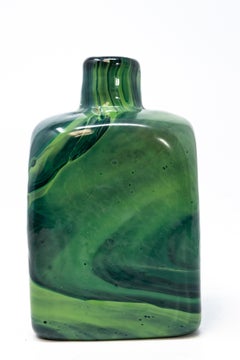 Mid-Century Scandinavian or Murano Green Marbled Slag Glass Flask Bottle