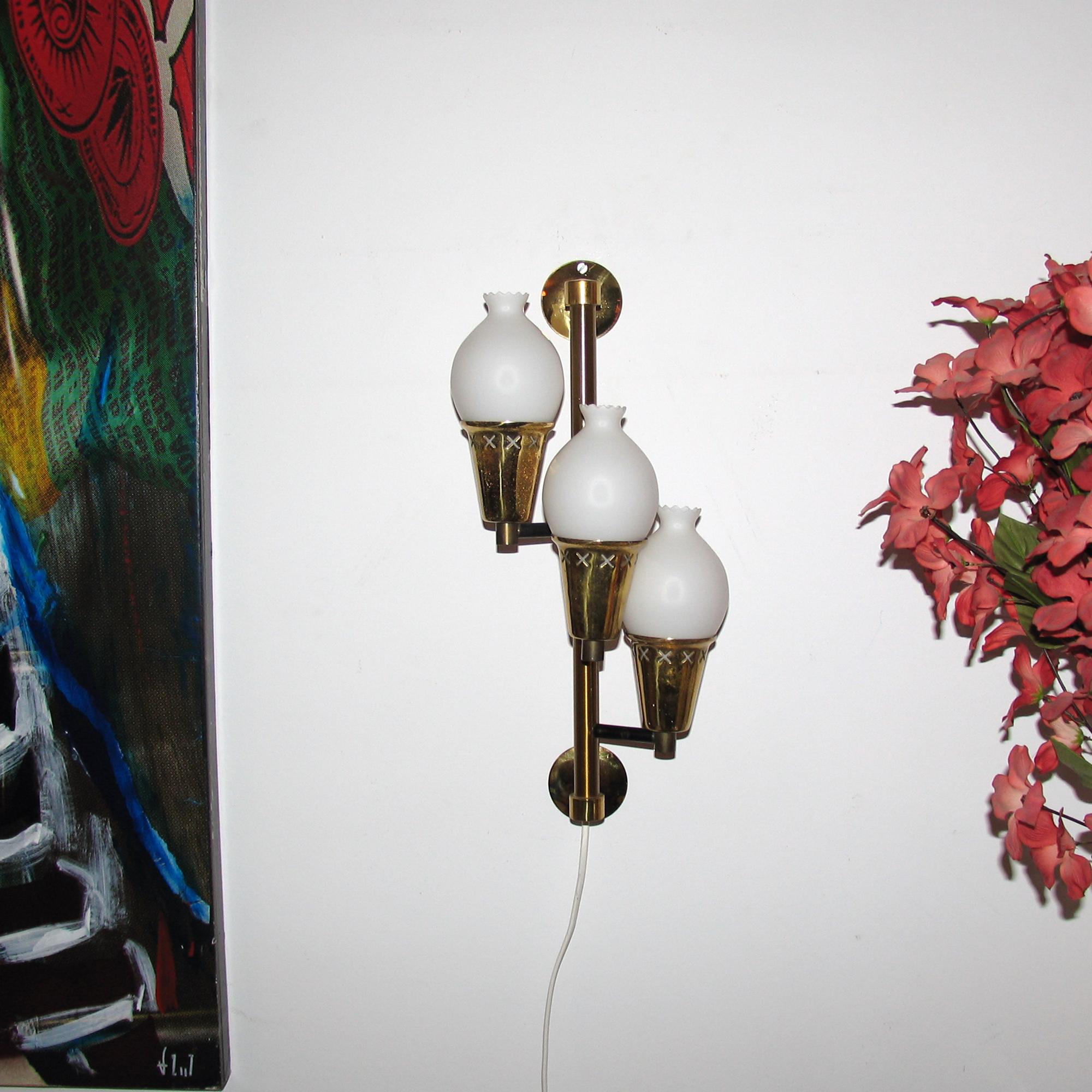 Mid-Century Modern Mid-Century Scandinavian Pair of Brass and Glass Wall Lights For Sale