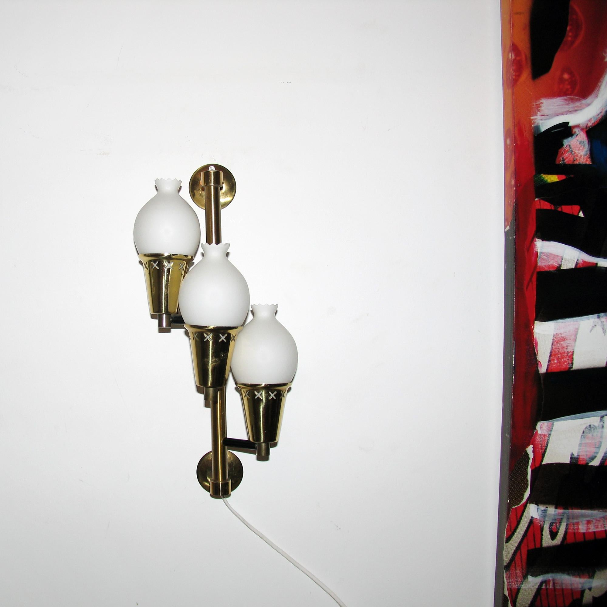 Mid-20th Century Mid-Century Scandinavian Pair of Brass and Glass Wall Lights For Sale